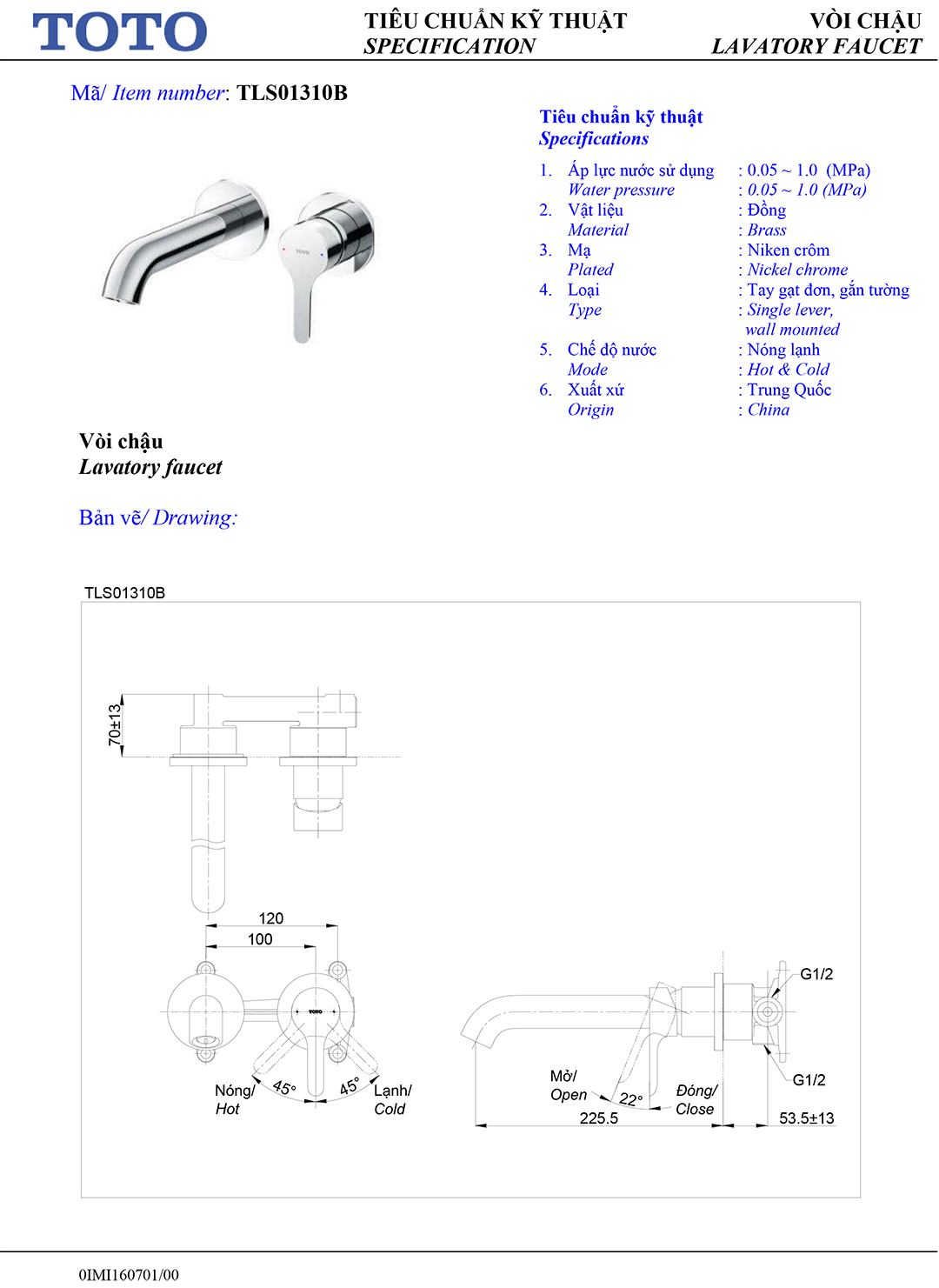 Ban ve thong so voi rua lavabo nong lanh Toto TLS01310B Ban ve thong so ky thuat voi chau rua lavabo nong lanh Toto TLS01310B chinh hang gia re tai Totovn.net