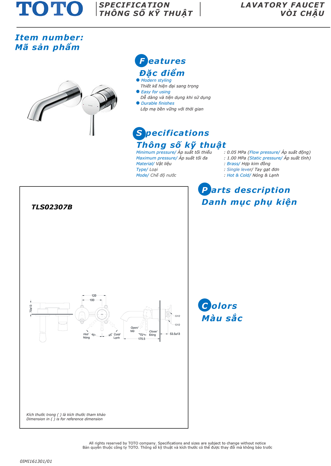 Ban ve thong so voi rua lavabo nong lanh Toto TLS02307B Ban ve thong so ky thuat voi chau rua lavabo nong lanh Toto TLS02307B chinh hang gia re tai Totovn.net