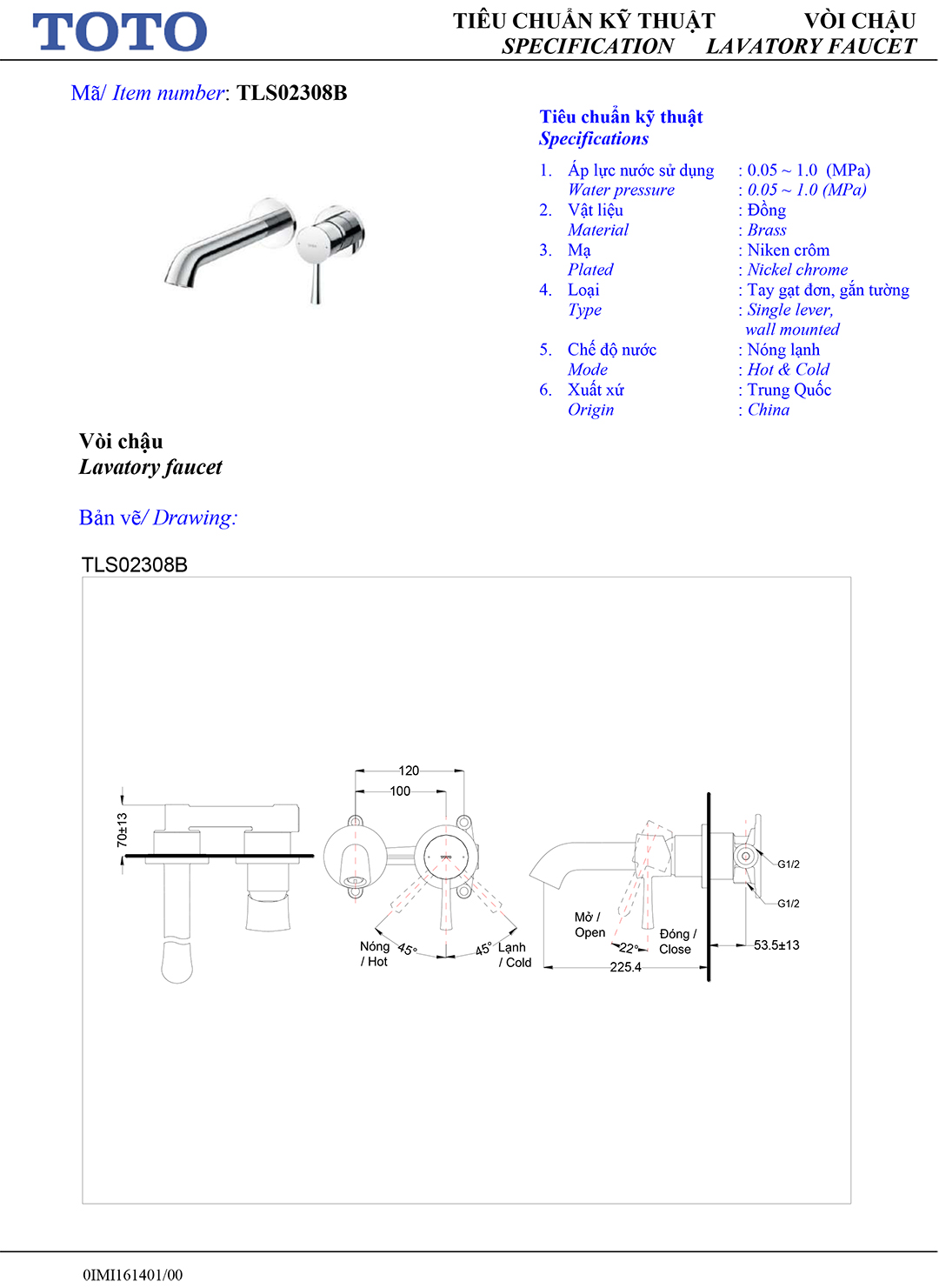 Ban ve thong so ky thuat voi chau rua lavabo nong lanh Toto TLS02308B chinh hang gia re tai Totovn.net