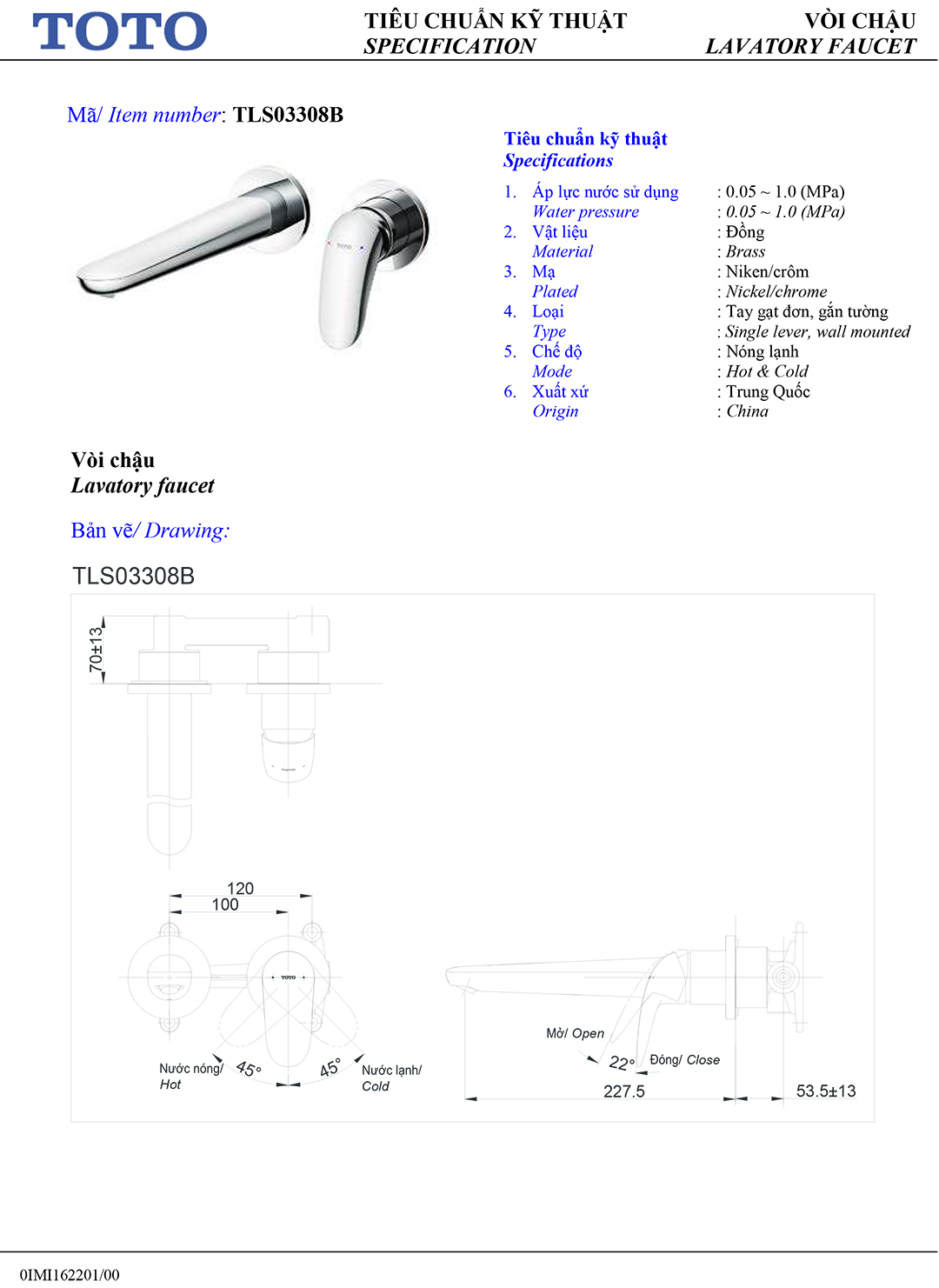 Ban ve thong so voi rua lavabo nong lanh Toto TLS03308B Ban ve thong so ky thuat voi chau rua lavabo nong lanh Toto TLS03308B chinh hang gia re tai Totovn.net