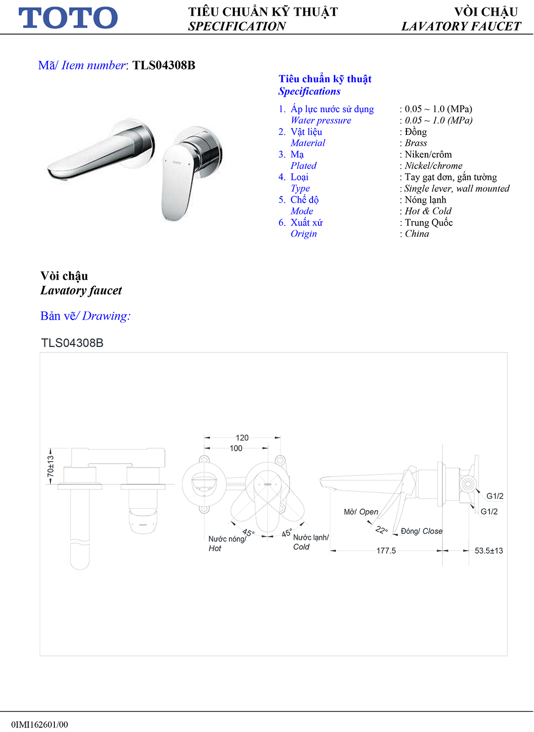 Ban ve thong so voi rua lavabo nong lanh Toto TLS04308B Ban ve thong so ky thuat voi chau rua lavabo nong lanh Toto TLS04308B chinh hang gia re tai Totovn.net