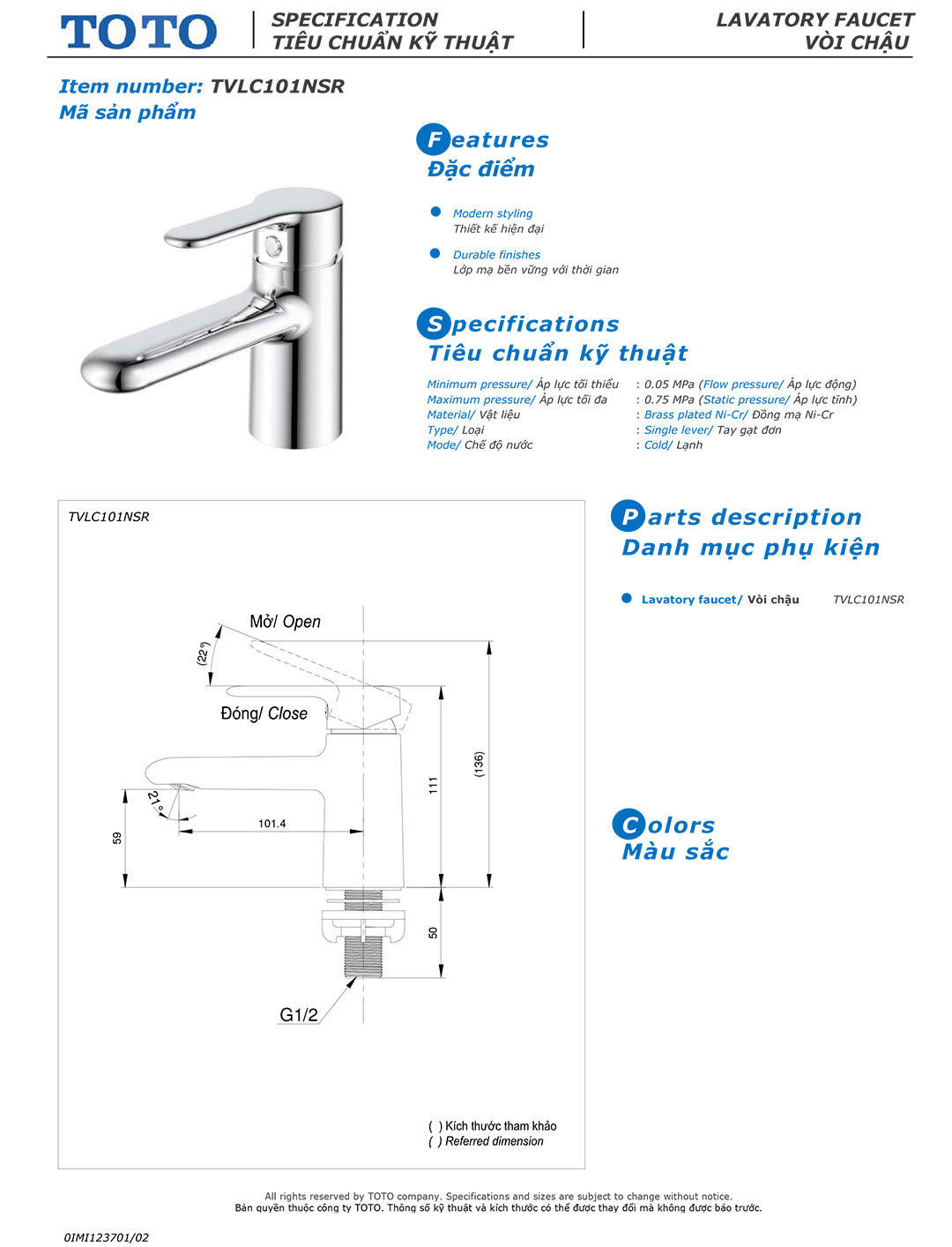 Ban ve thong so voi rua lavabo lanh Toto TVLC101NSR Ban ve thong so ky thuat voi chau rua lavabo lanh Toto TVLC101NSR chinh hang gia re tai Totovn.net