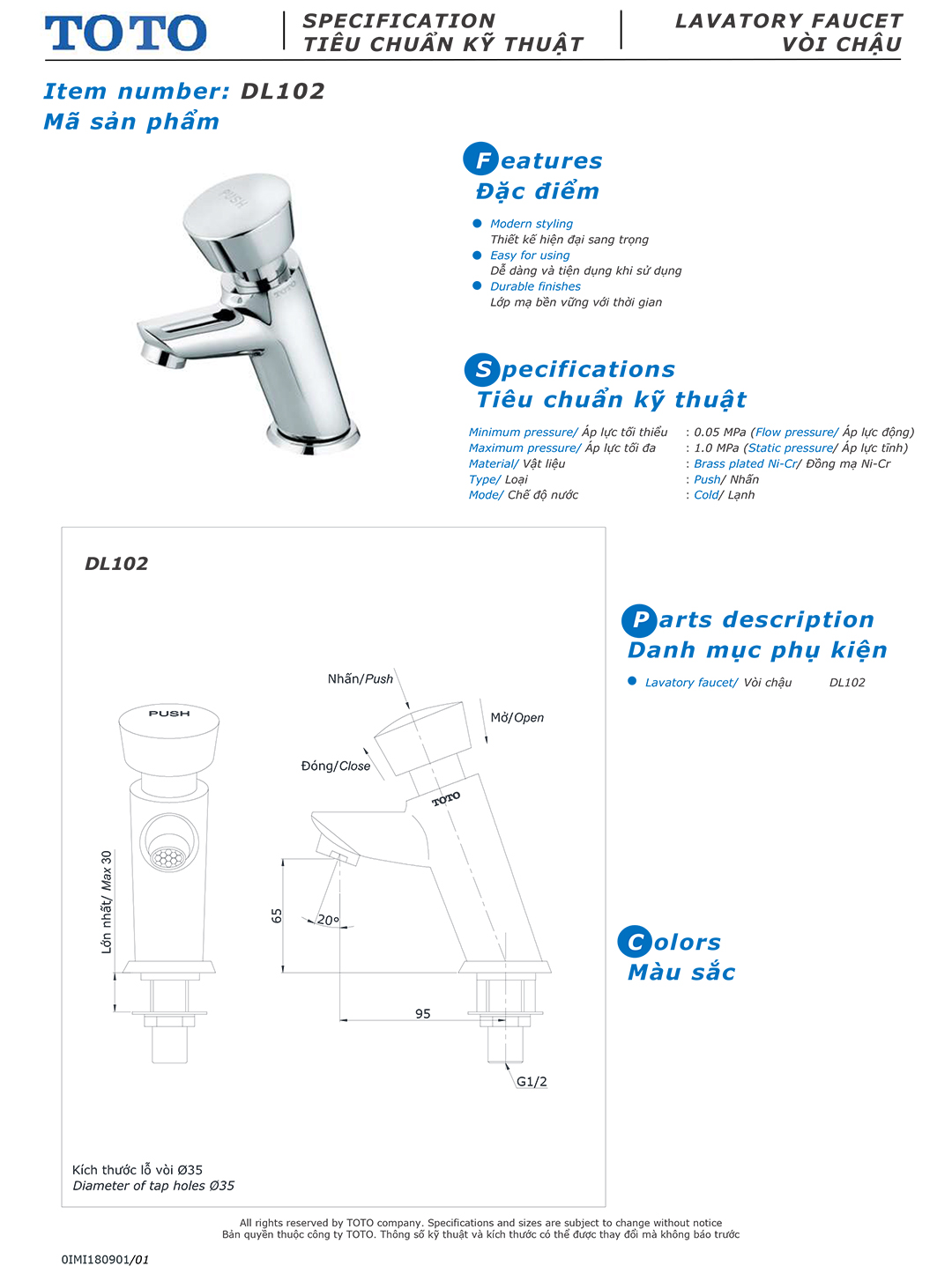 Ban ve thong so voi rua lavabo lanh tu ngat Toto DL102 Ban ve thong so ky thuat voi chau rua lavabo lanh tu ngat Toto DL102 chinh hang gia re tai Totovn.net