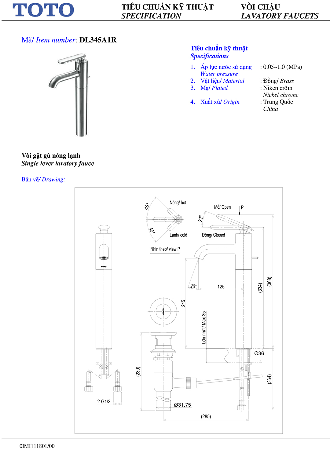 Ban ve thong so voi rua lavabo nong lanh Toto DL345A1R Ban ve thong so ky thuat voi chau rua lavabo nong lanh Toto DL345A1R chinh hang gia re tai Totovn.net