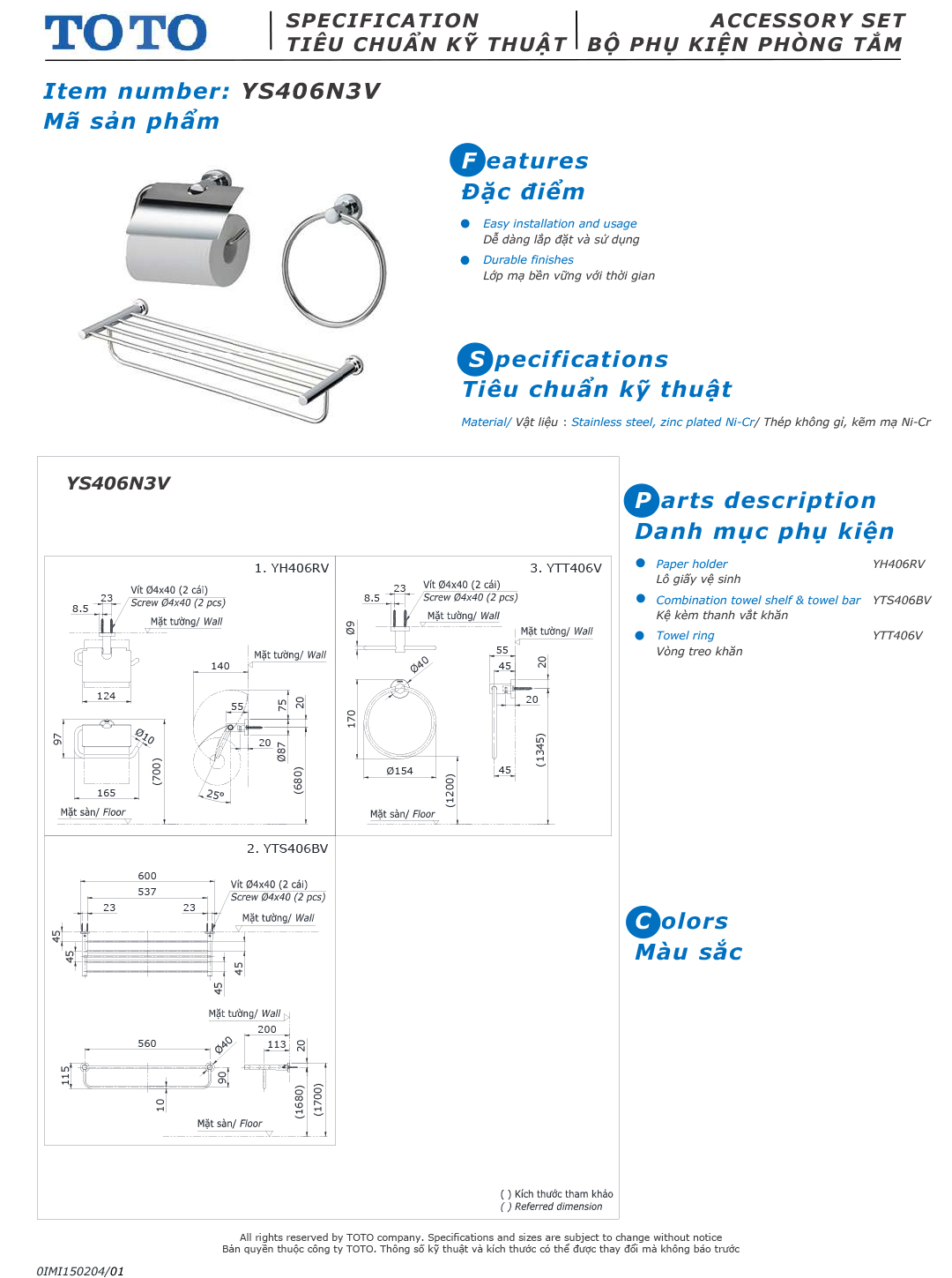 ban ve thiet ke bo phu kien phong tam TOTO YS406N3V ban ve thiet ke bo phu kien phong tam TOTO YS406N3V