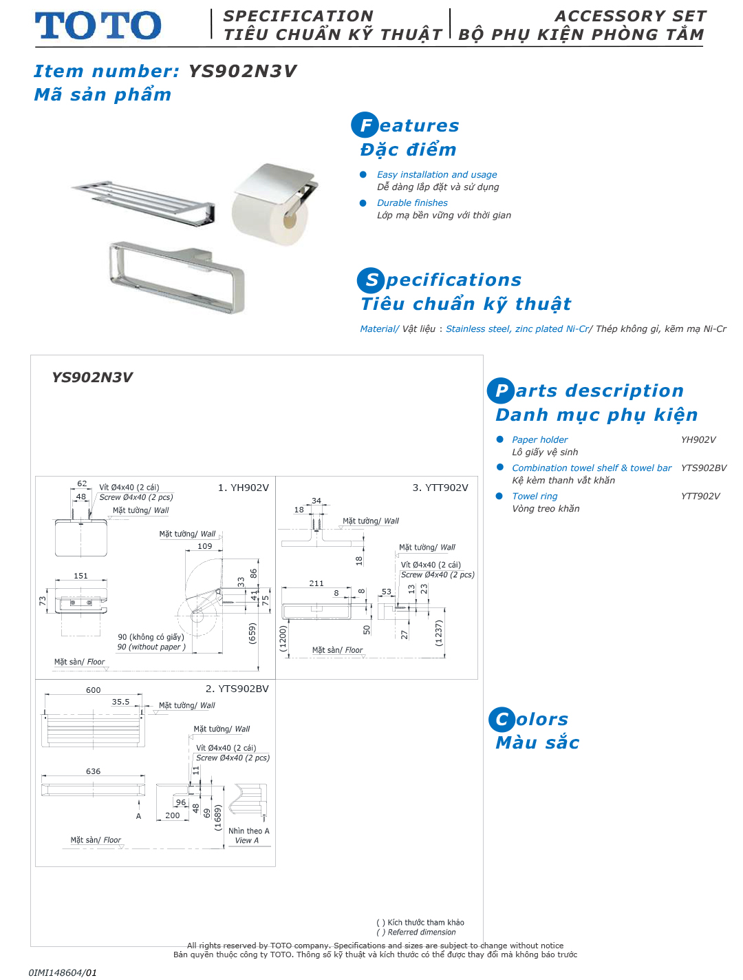 ban ve thiet ke bo phu kien phong tam TOTO YS902N3V ban ve thiet ke bo phu kien phong tam TOTO YS902N3V