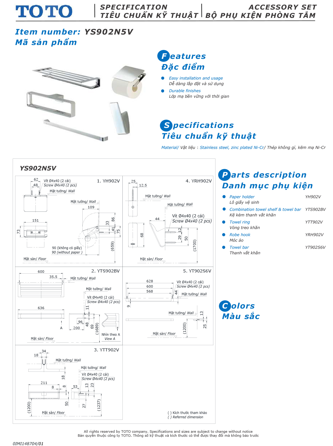 ban ve thiet ke bo phu kien phong tam TOTO YS902N5V ban ve thiet ke bo phu kien phong tam TOTO YS902N5V