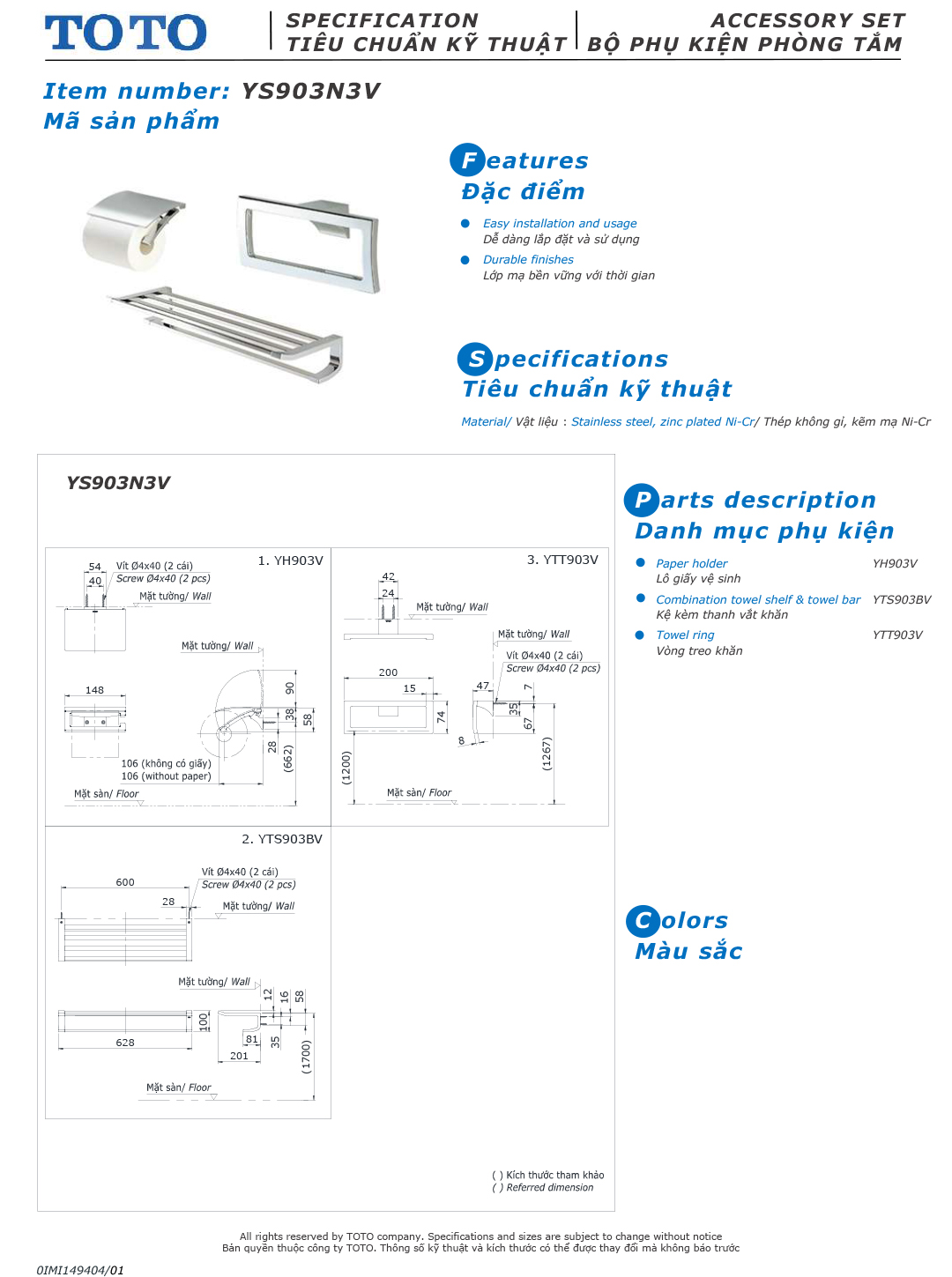 ban ve thiet ke bo phu kien phong tam TOTO YS903N3V ban ve thiet ke bo phu kien phong tam TOTO YS903N3V