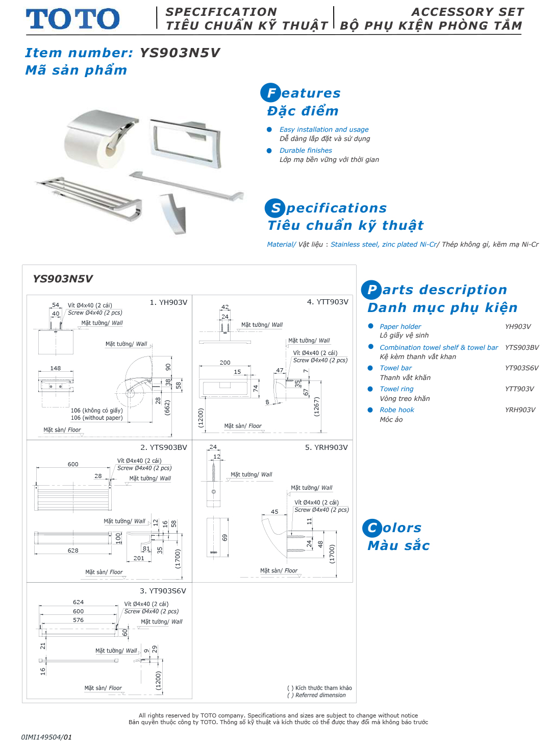 ban ve thiet ke bo phu kien phong tam TOTO YS903N5V
