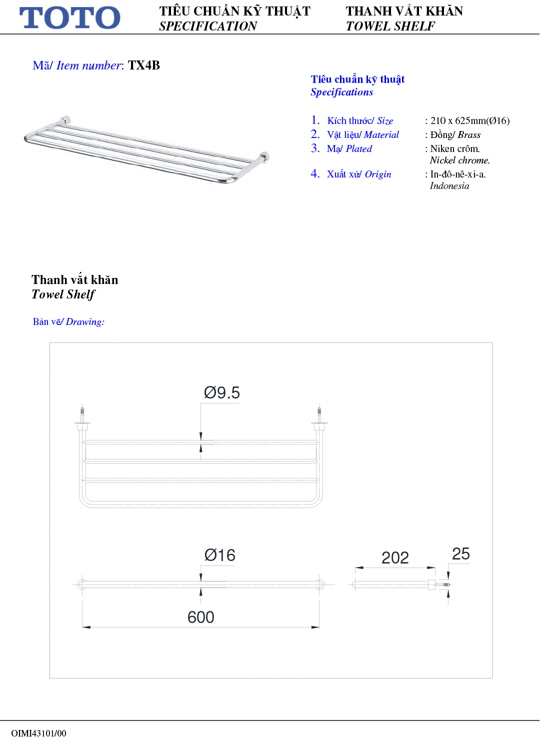 ban ve thiet ke thanh vat treo khan tam TOTO TX4B