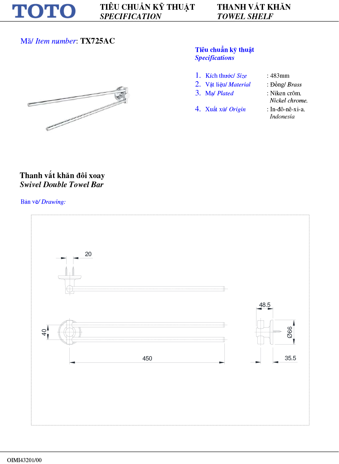 ban ve thiet ke thanh vat treo khan tam TOTO TX725AC ban ve thiet ke thanh vat treo khan tam TOTO TX725AC