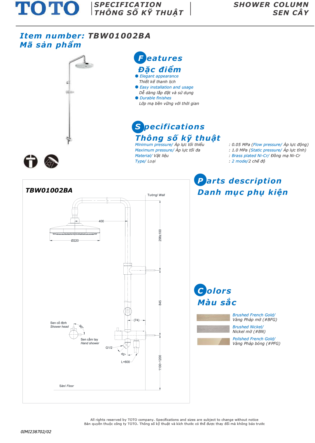 ban ve thong so bo voi sen cay TOTO TBW01002BA ban ve thong so bo voi sen cay TOTO TBW01002BA