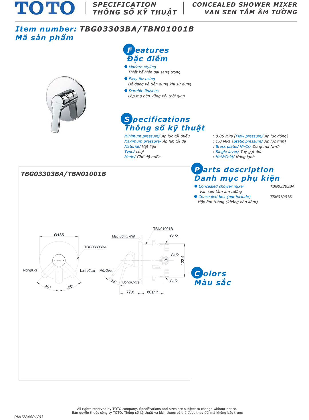 ban ve thong so van khoa voi sen am tuong TOTO TBG03303BA TBN010 bban ve thong so van khoa voi sen am tuong TOTO TBG03303BA TBN01001B chinh hang gia re tai Totovn.net