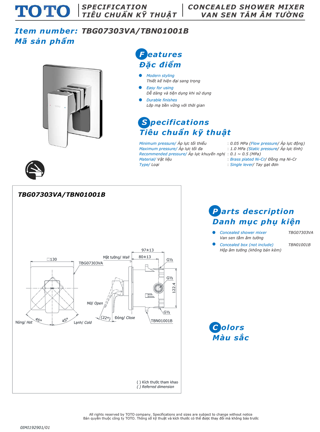 ban ve thong so van khoa voi sen am tuong TOTO TBG07303VA TBN010 ban ve thong so van khoa voi sen am tuong TOTO TBG07303VA TBN01001B