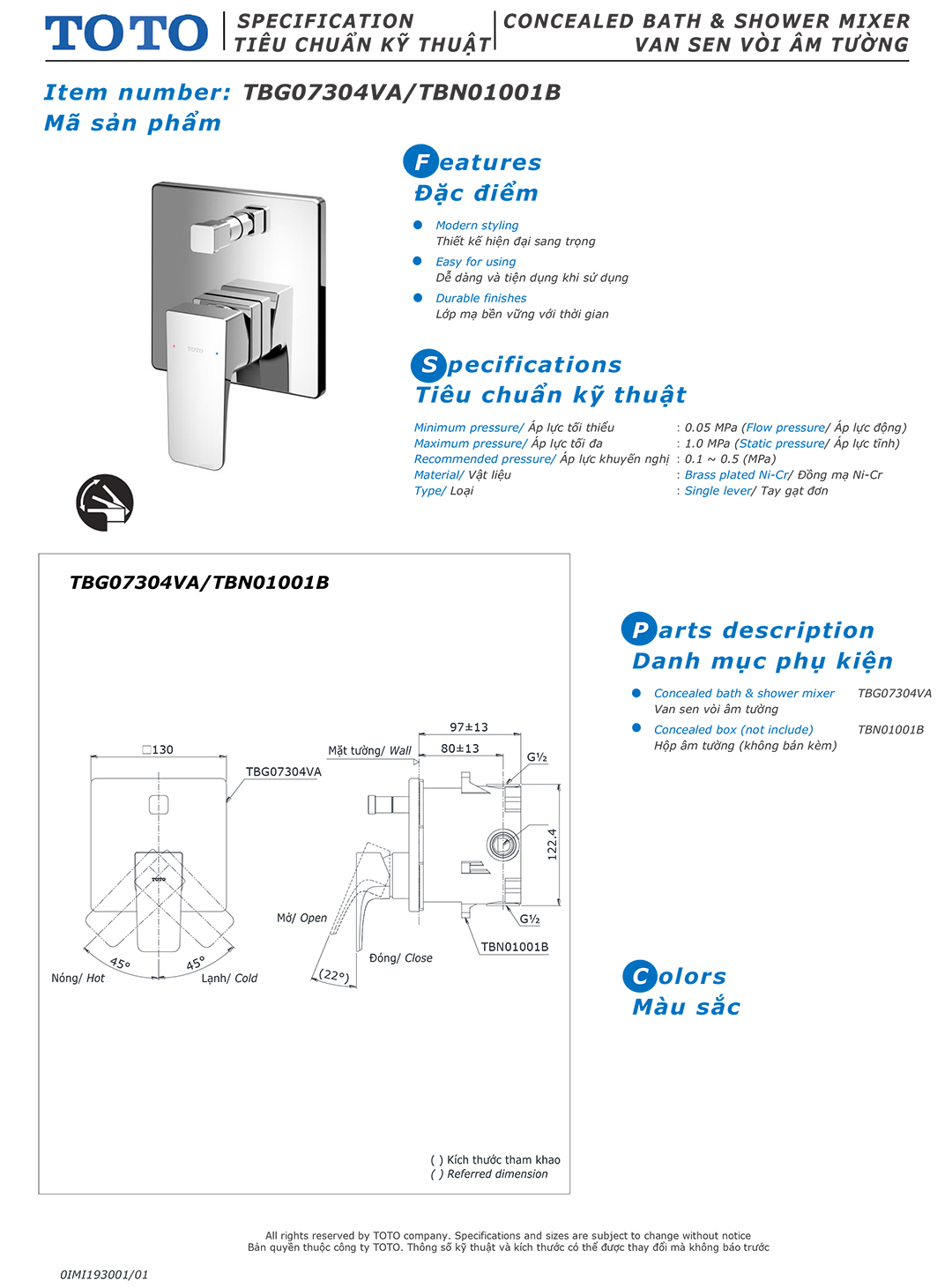 ban ve thong so van khoa voi sen am tuong TOTO TBG07304VA TBN010 ban ve thong so van khoa voi sen am tuong TOTO TBG07304VA TBN01001B