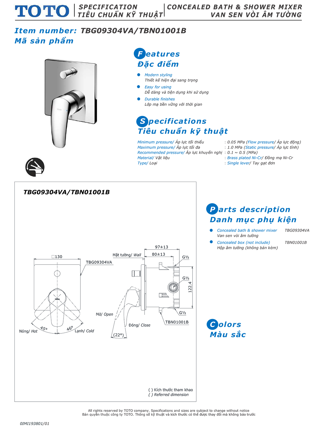 ban ve thong so van khoa voi sen am tuong TOTO TBG09304VA TBN010 ban ve thong so van khoa voi sen am tuong TOTO TBG09304VA TBN01001B