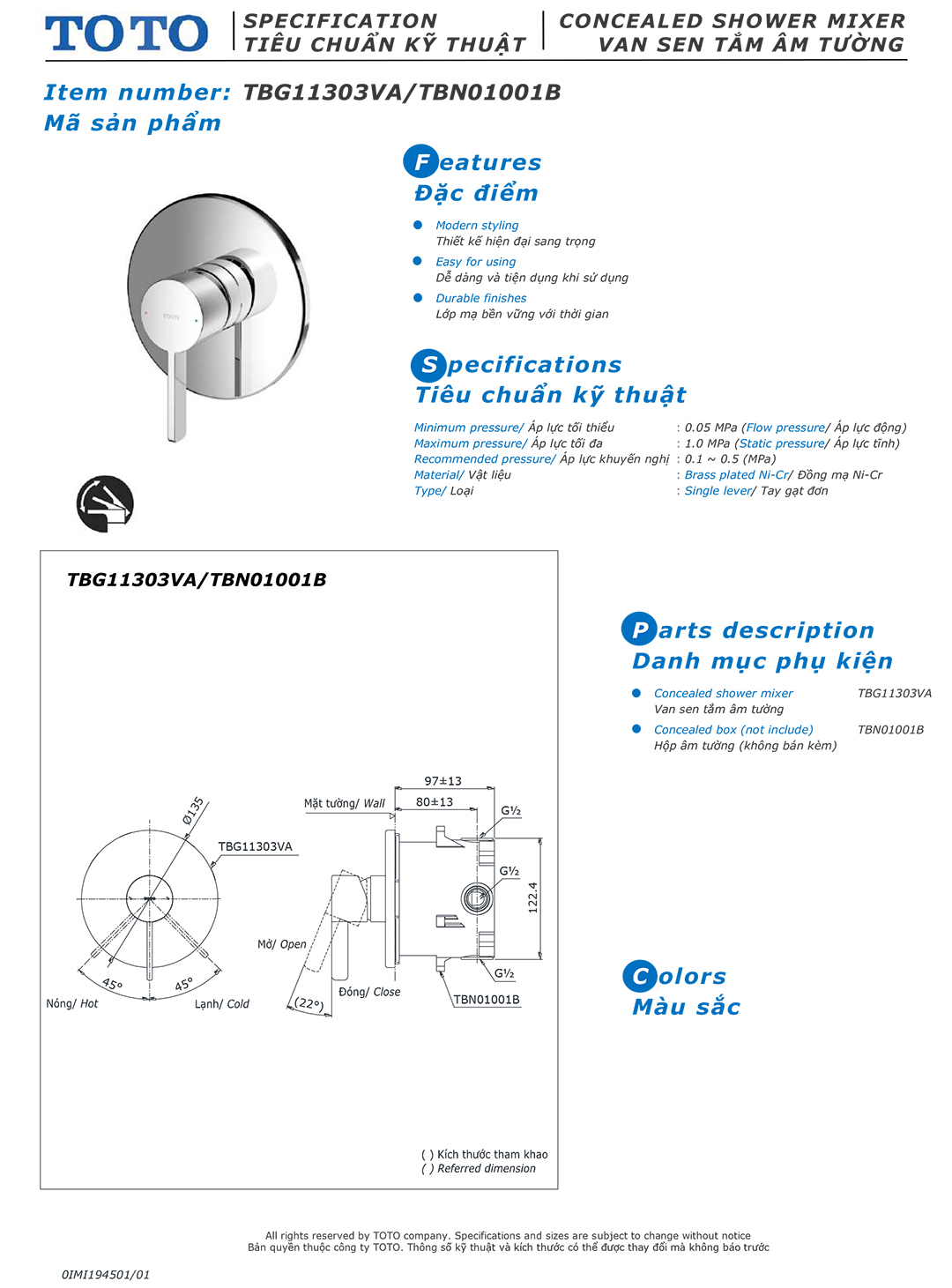 ban ve thong so van khoa voi sen am tuong TOTO TBG11303V TBN0100 ban ve thong so van khoa voi sen am tuong TOTO TBG11303V TBN01001B