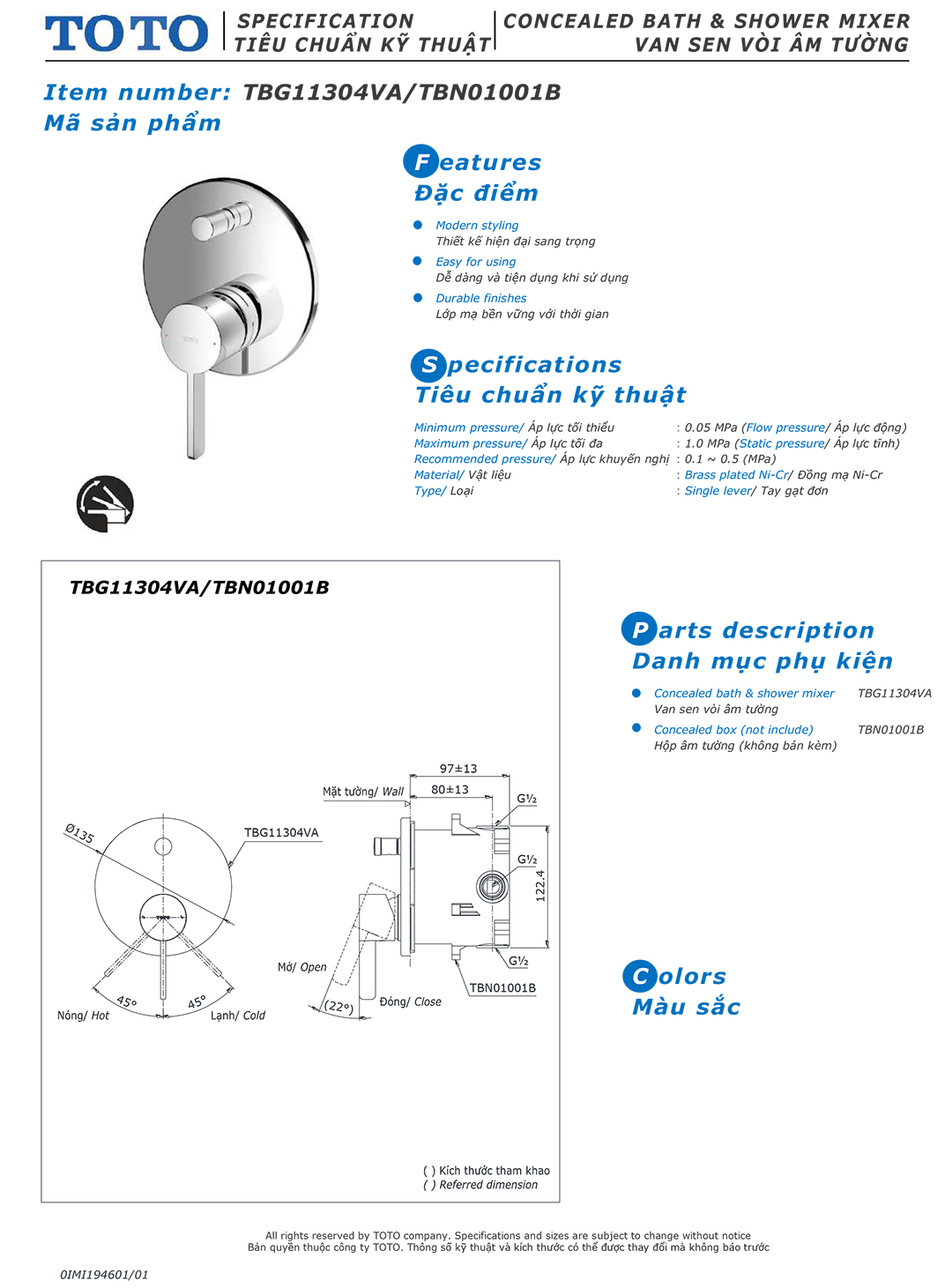 ban ve thong so van khoa voi sen am tuong TOTO TBG11304VA TBN010 ban ve thong so van khoa voi sen am tuong TOTO TBG11304VA TBN01001B