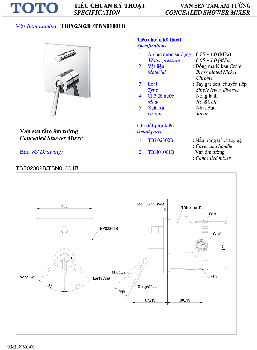 ban ve thong so van khoa voi sen am tuong TOTO TBP02302B TBN0100 ban ve thong so van khoa voi sen am tuong TOTO TBP02302B TBN01001B