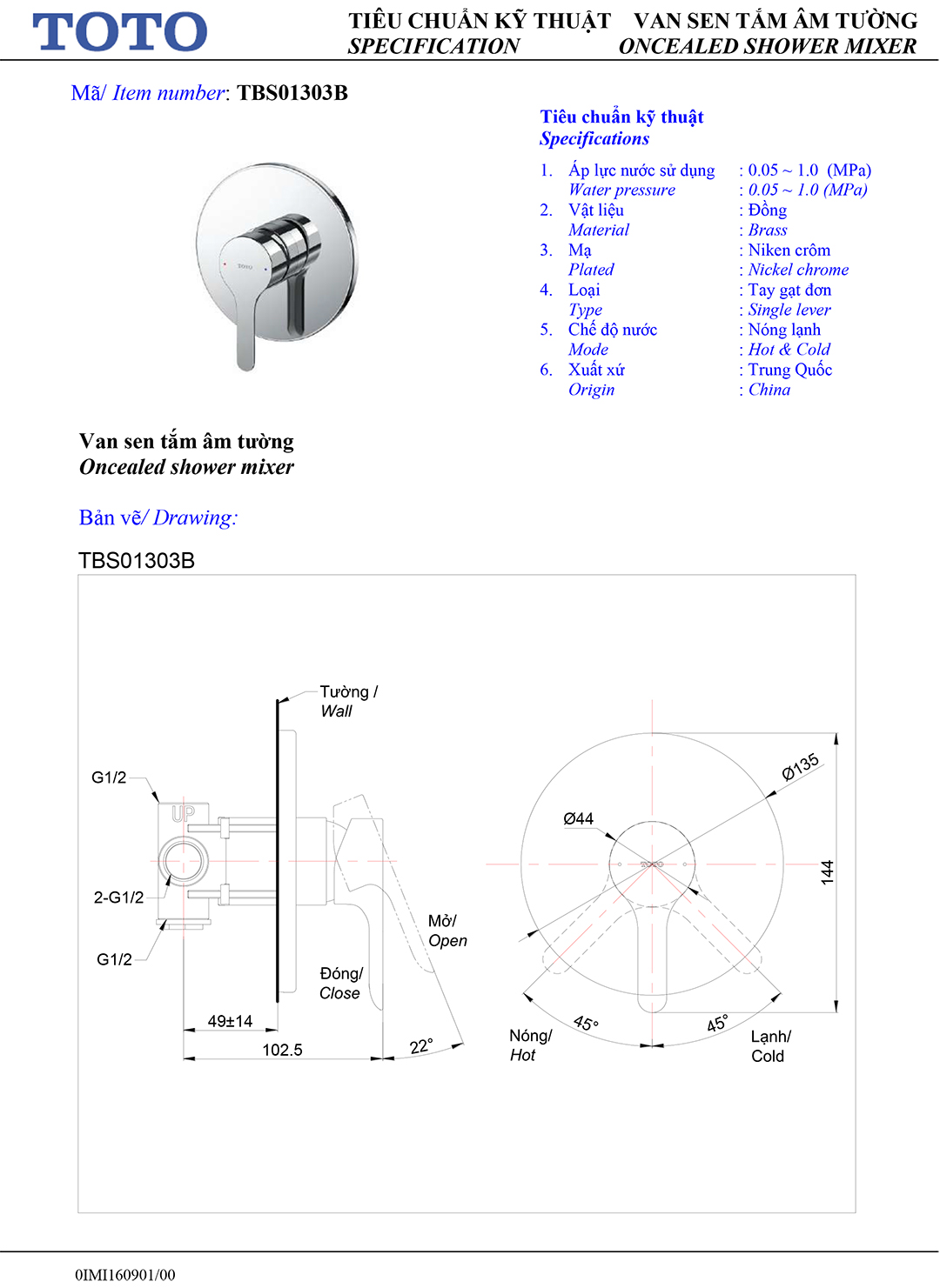 ban ve thong so van khoa voi sen am tuong TOTO TBS01303B ban ve thong so van khoa voi sen am tuong TOTO TBS01303B
