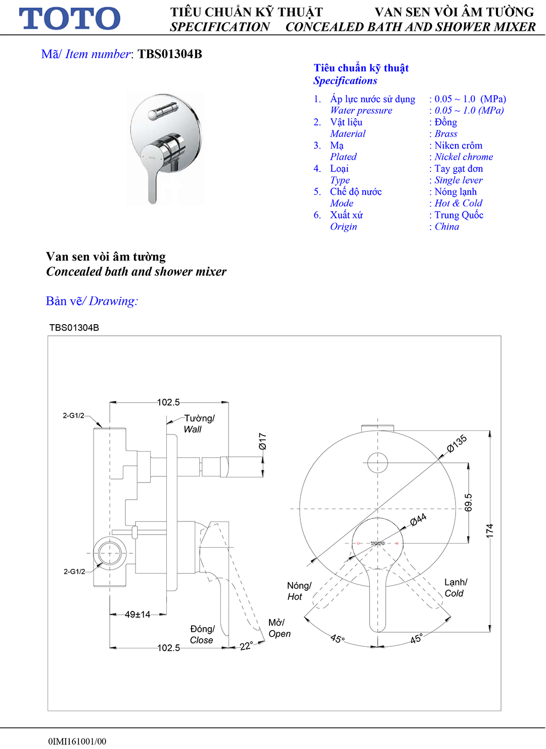 ban ve thong so van khoa voi sen am tuong TOTO TBS01304B ban ve thong so van khoa voi sen am tuong TOTO TBS01304B