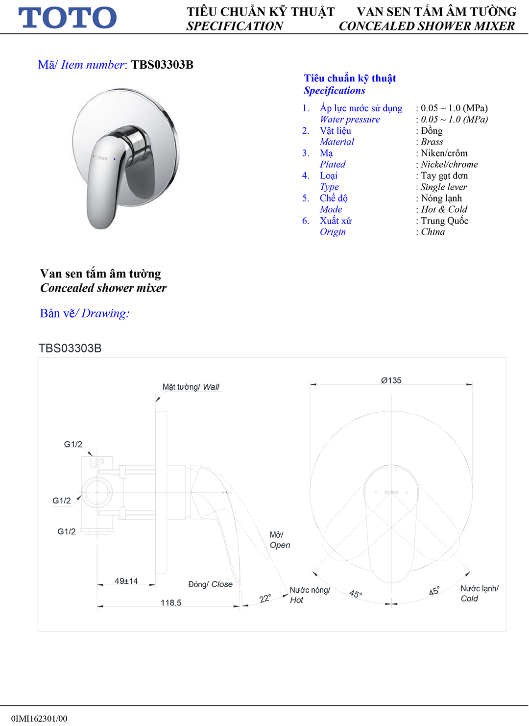 ban ve thong so van khoa voi sen am tuong TOTO TBS03303B ban ve thong so van khoa voi sen am tuong TOTO TBS03303B