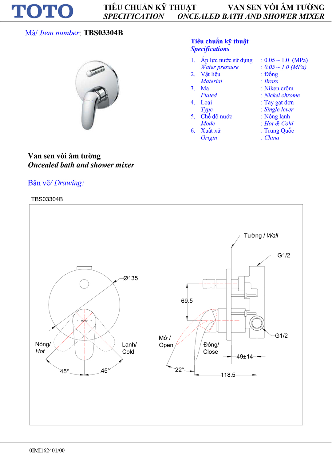 ban ve thong so van khoa voi sen am tuong TOTO TBS03304B ban ve thong so van khoa voi sen am tuong TOTO TBS03304B