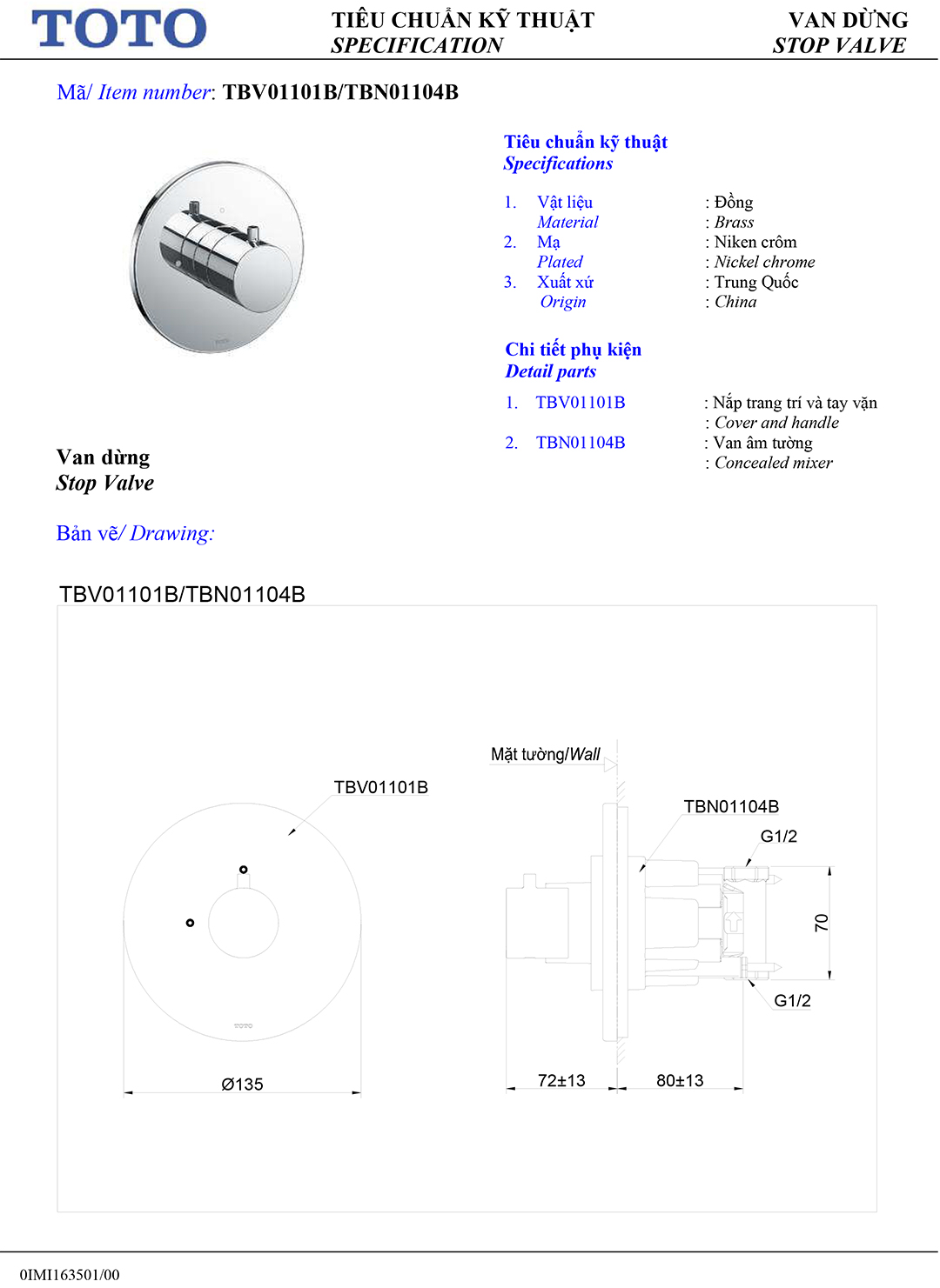 ban ve thong so van khoa voi sen am tuong TOTO TBV01101B TBN0110 ban ve thong so van khoa voi sen am tuong TOTO TBV01101B TBN01104