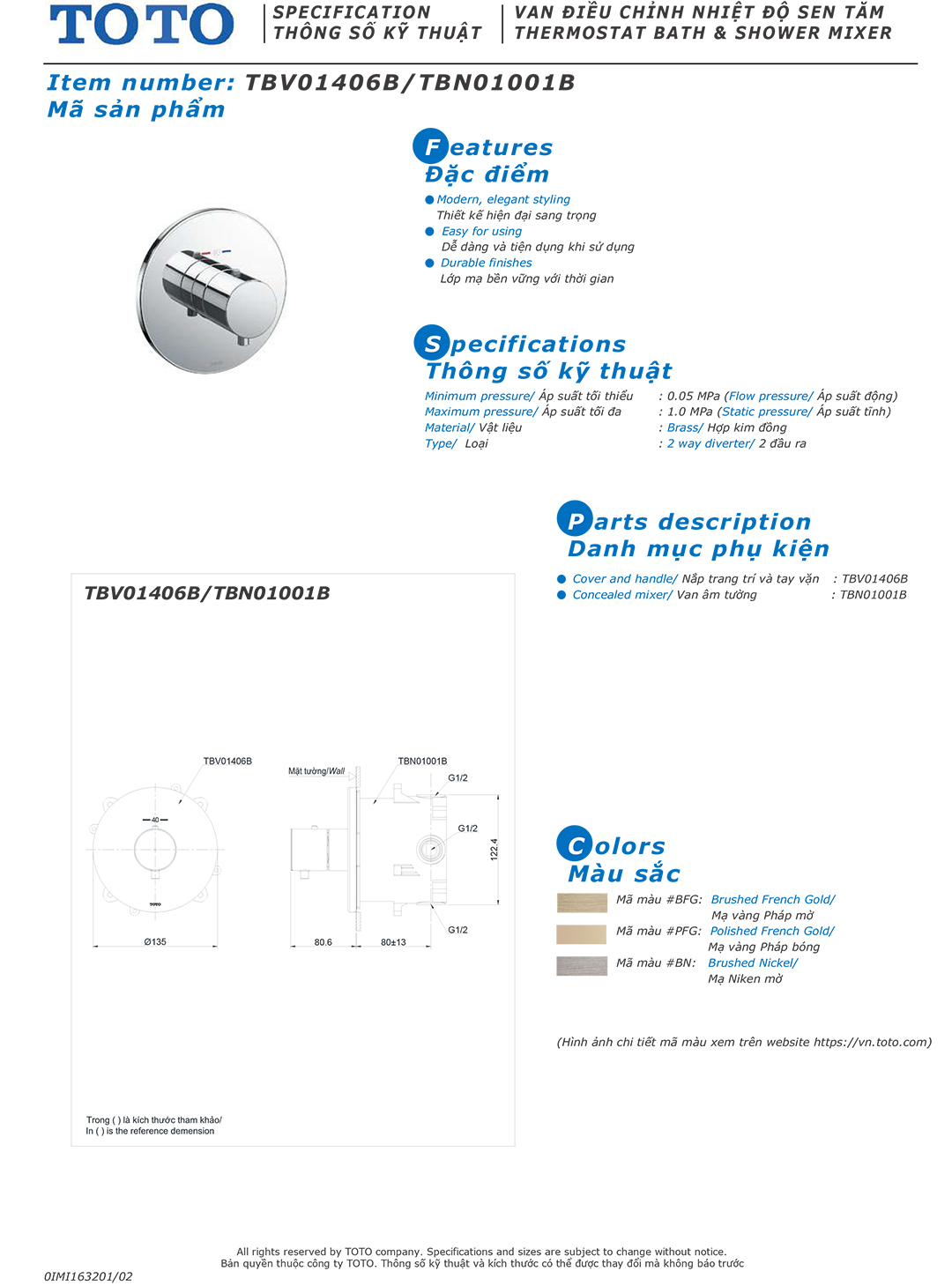 ban ve thong so van khoa voi sen am tuong TOTO TBV01406B TBN01001B