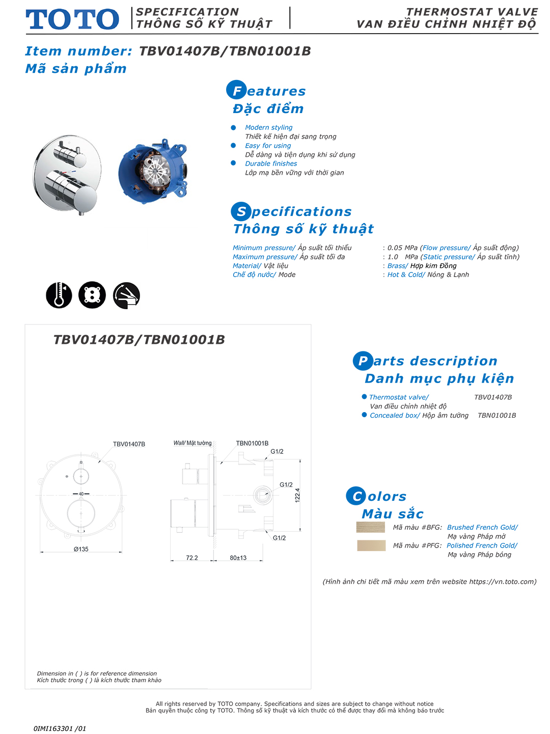 ban ve thong so van khoa voi sen am tuong TOTO TBV01407B TBN0100 ban ve thong so van khoa voi sen am tuong TOTO TBV01407B TBN01001B