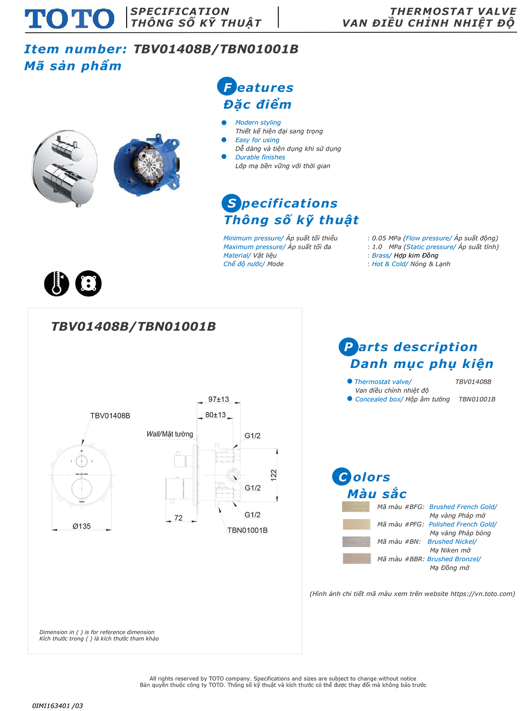 ban ve thong so van khoa voi sen am tuong TOTO TBV01408B TBN01001B
