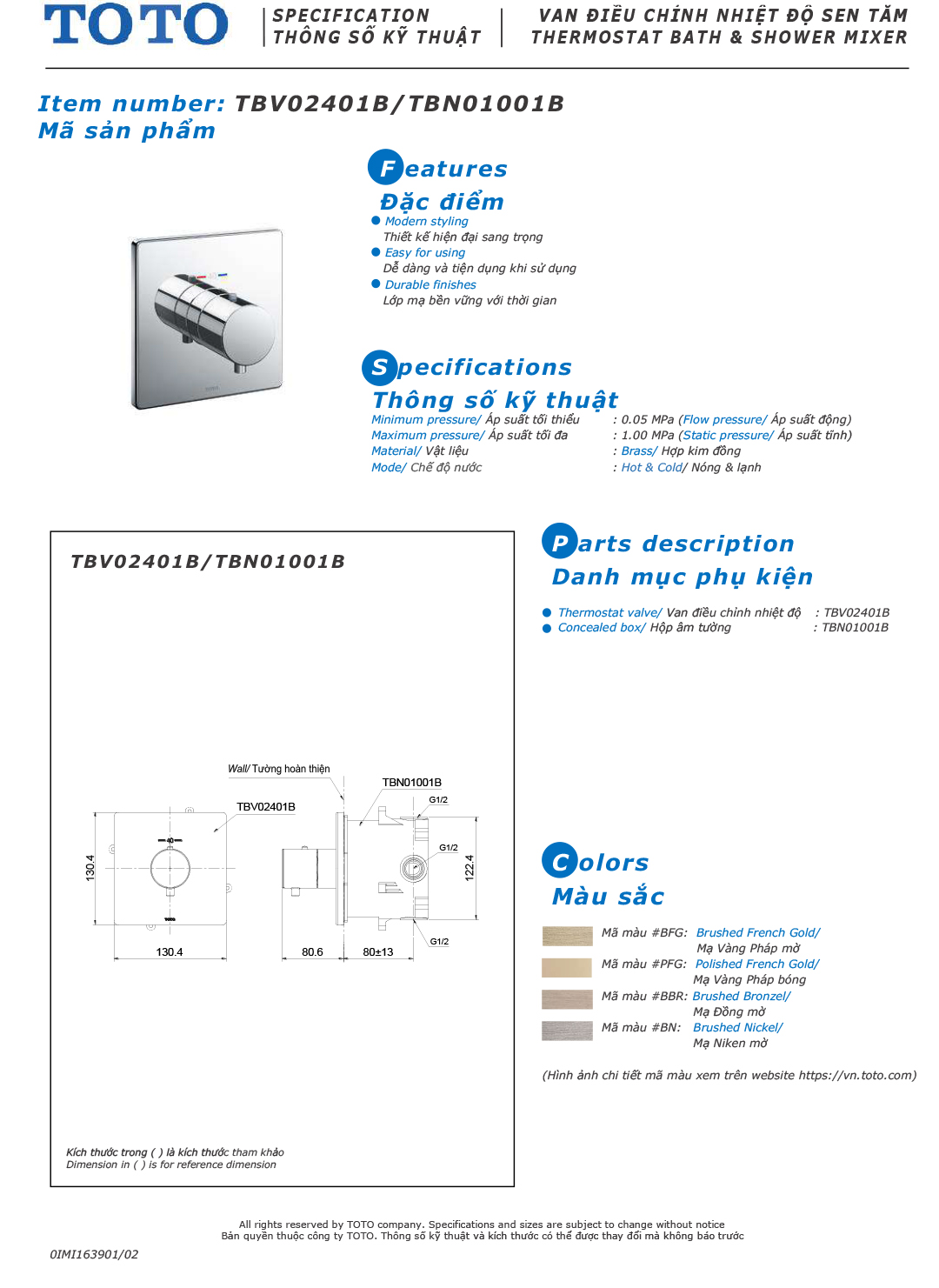 ban ve thong so van khoa voi sen am tuong TOTO TBV02401B TBN0100 ban ve thong so van khoa voi sen am tuong TOTO TBV02401B TBN01001B