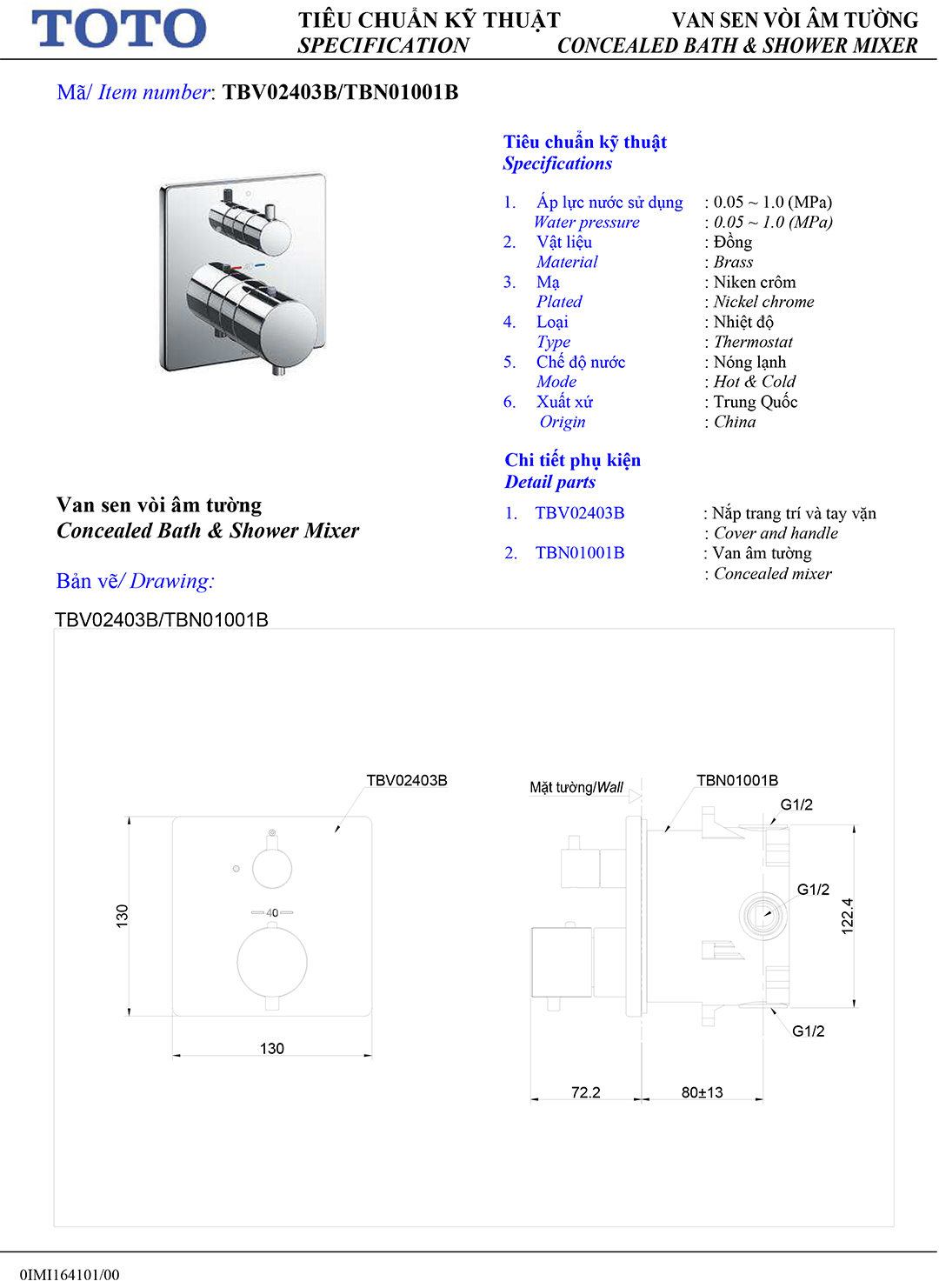 ban ve thong so van khoa voi sen am tuong TOTO TBV02403B TBN01001B