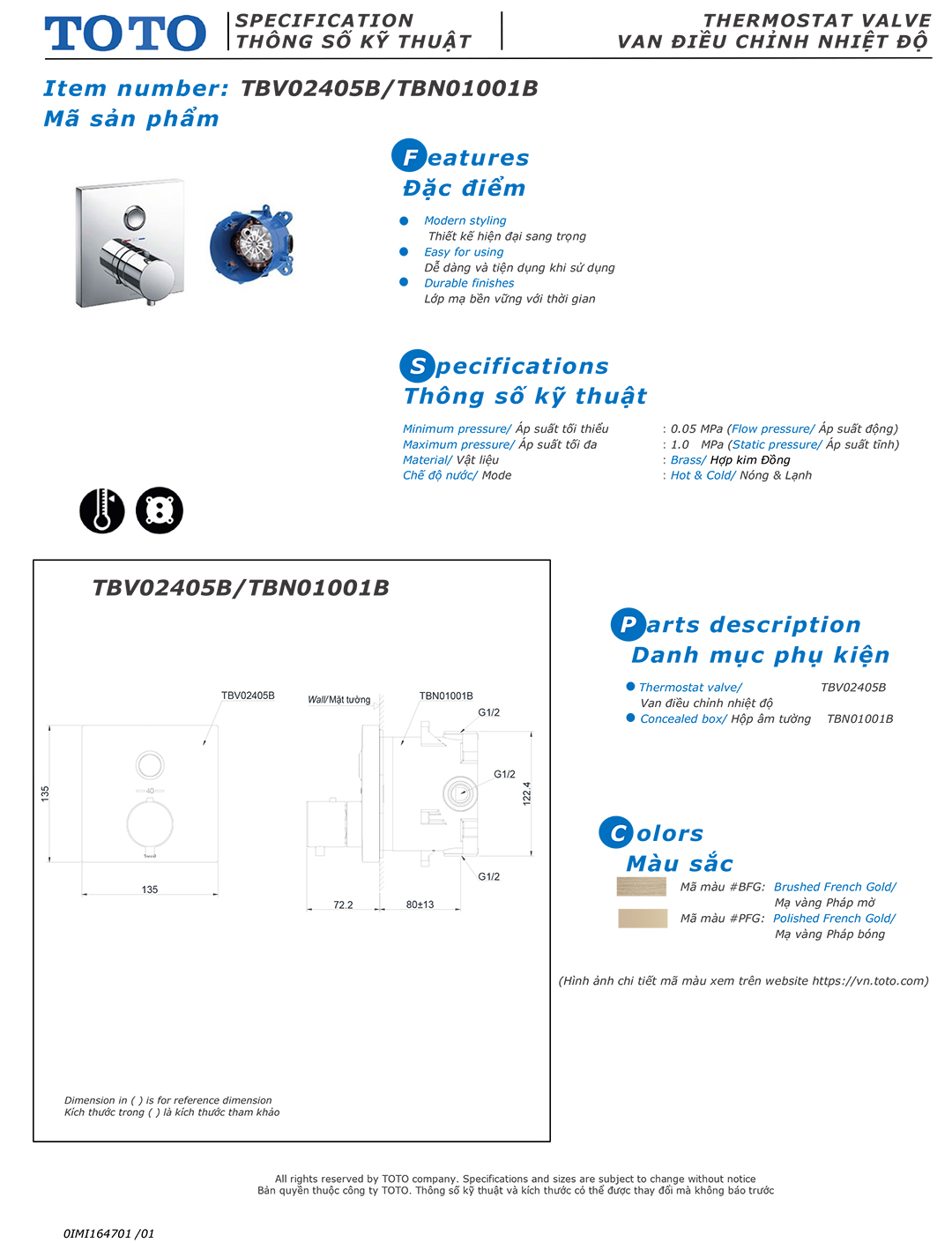 ban ve thong so van khoa voi sen am tuong TOTO TBV02405B TBN01001B