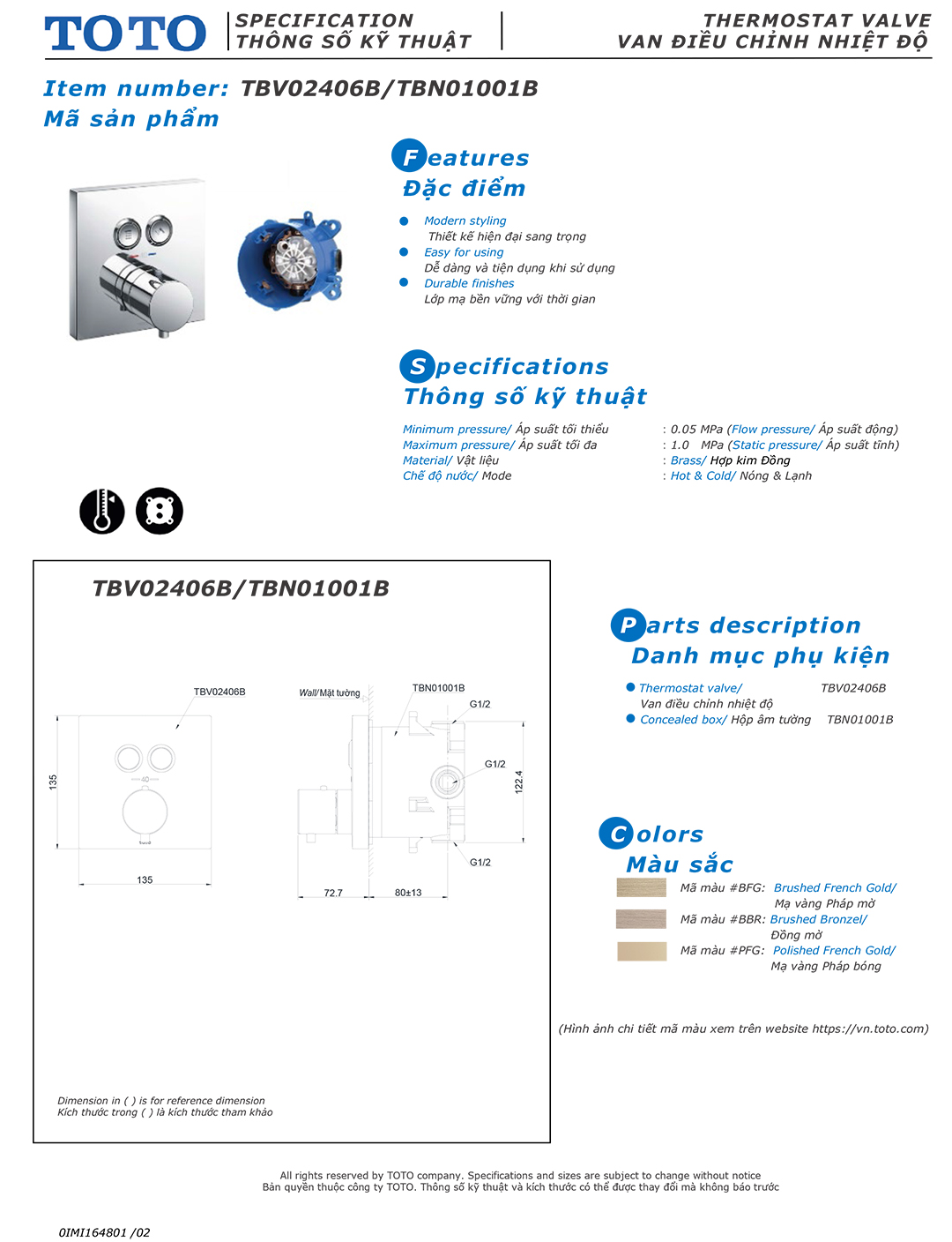 ban ve thong so van khoa voi sen am tuong TOTO TBV02406B TBN01001B