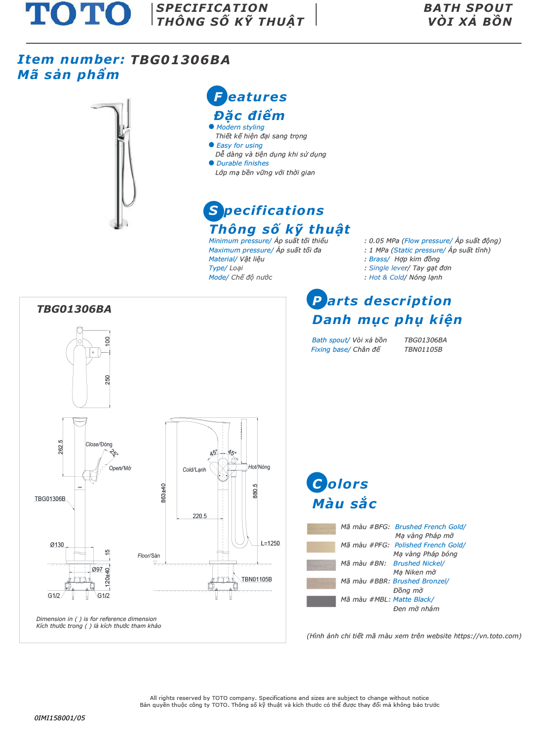 ban ve thong so voi sen bon gan san TOTO TBG01306B TBN01105B