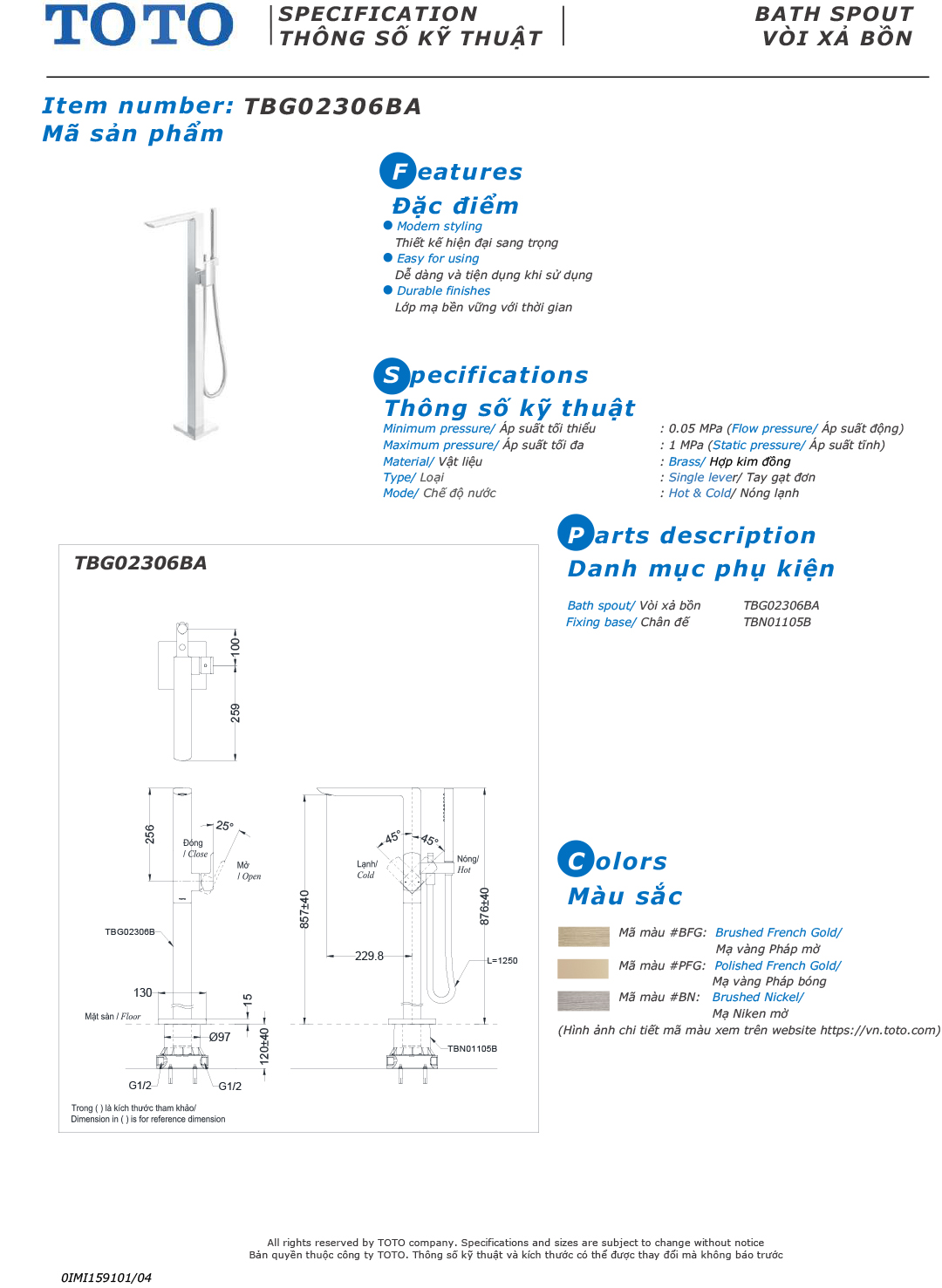 ban ve thong so voi sen bon gan san TOTO TBG02306B TBN01105B