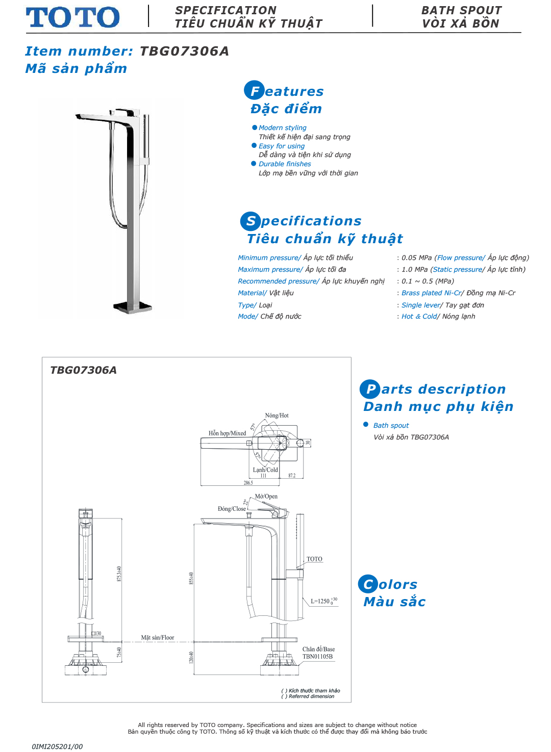ban ve thong so voi sen bon gan san TOTO TBG07306A TBN01105B