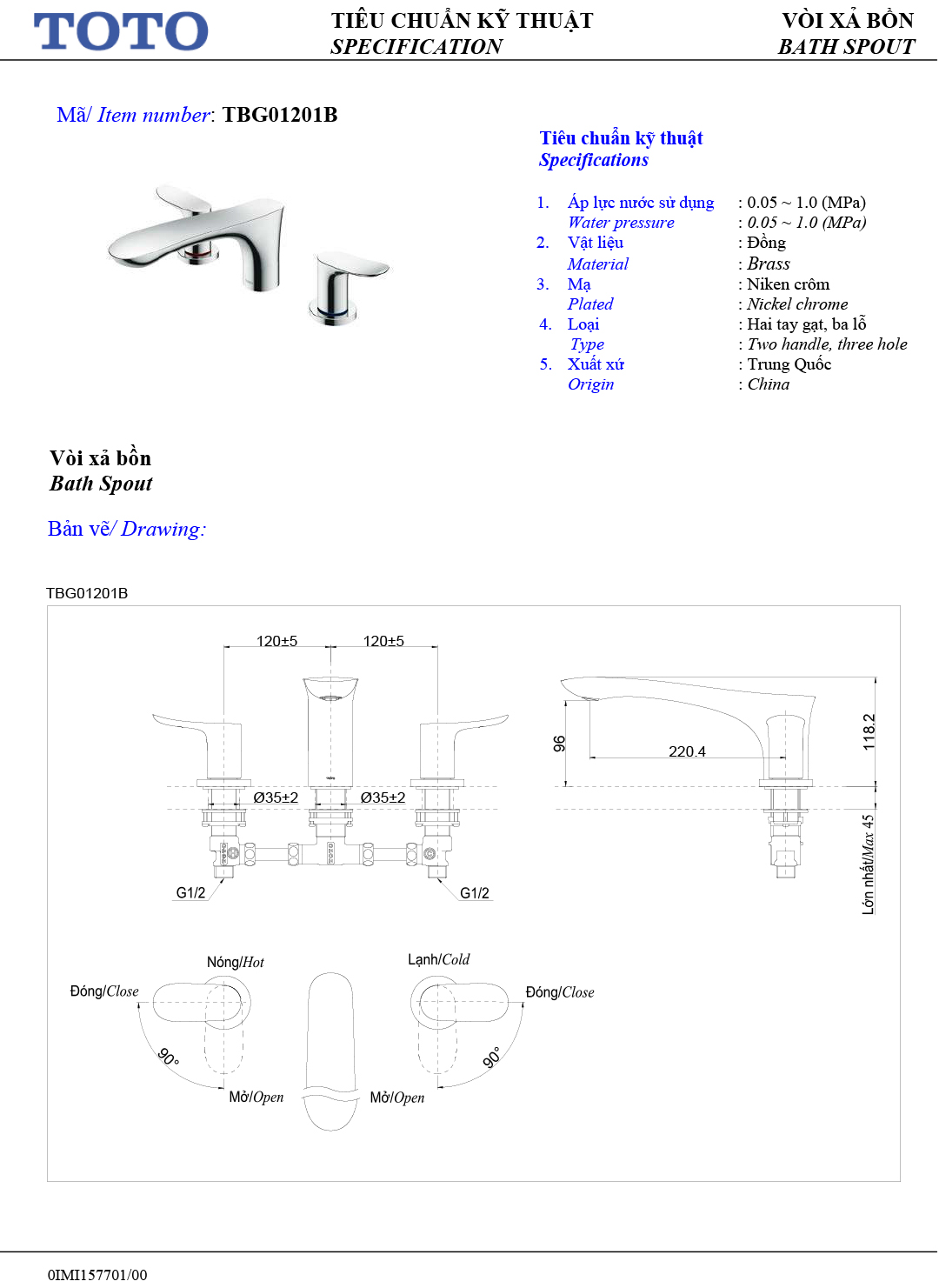 ban ve thong so voi sen nong lanh gan bon tam TOTO TBG01201B ban ve thong so voi sen nong lanh gan bon tam TOTO TBG01201B
