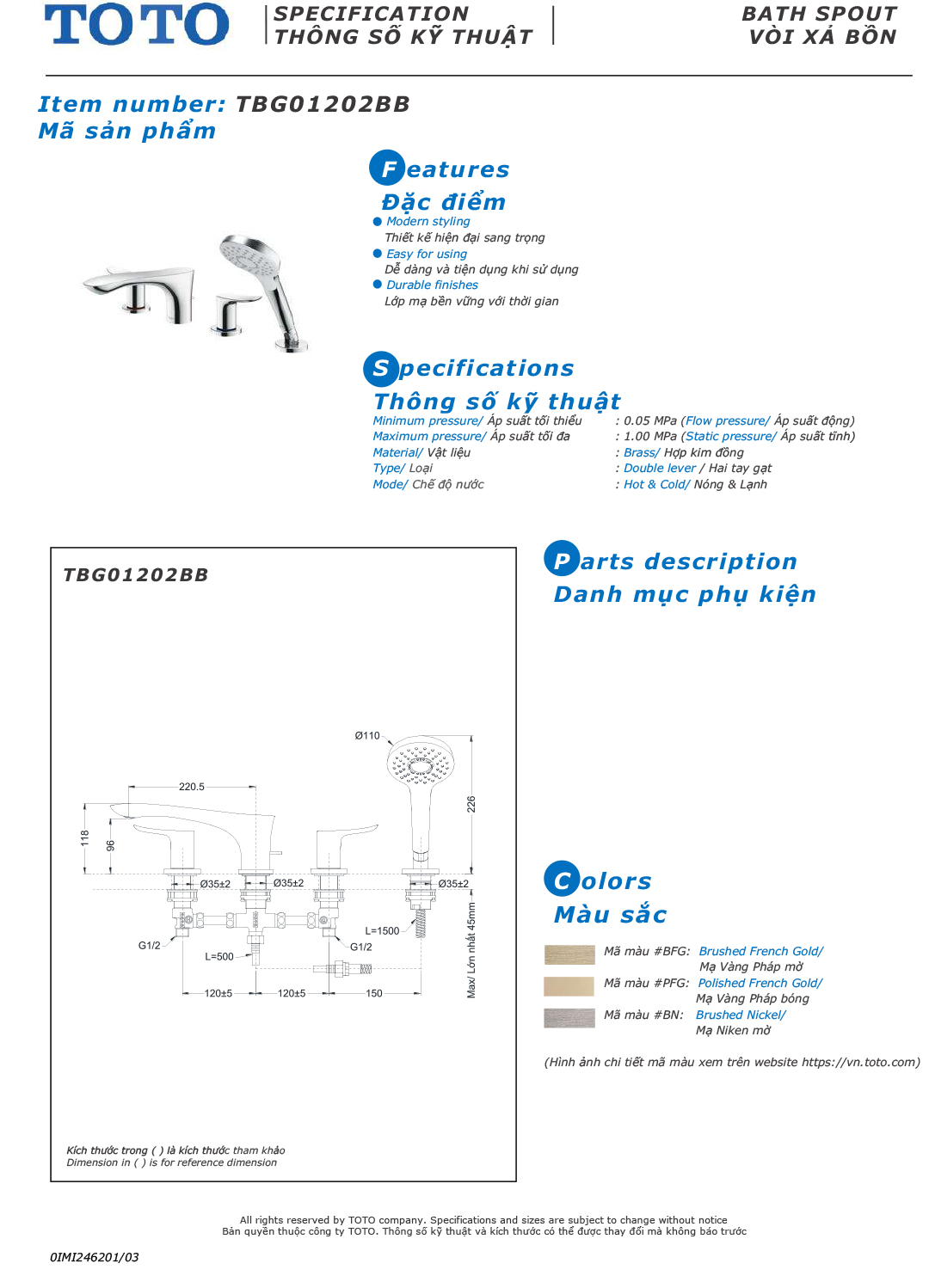 ban ve thong so voi sen nong lanh gan bon tam TOTO TBG01202BB ban ve thong so voi sen nong lanh gan bon tam TOTO TBG01202BB