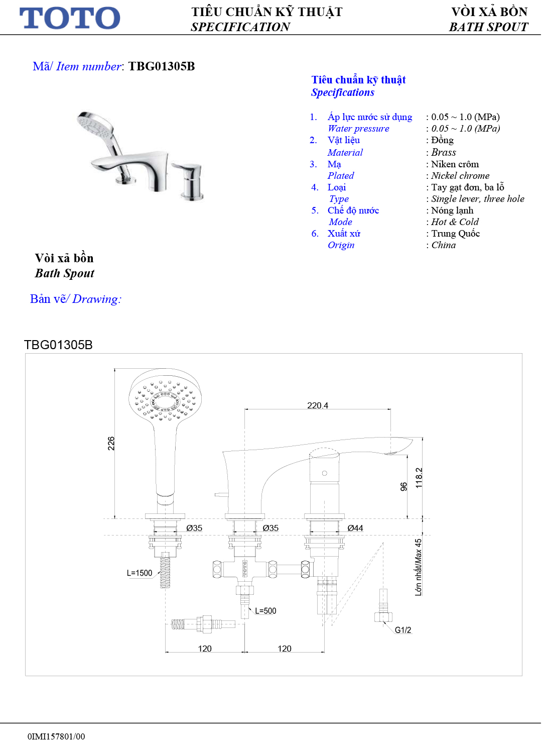 ban ve thong so voi sen nong lanh gan bon tam TOTO TBG01305B ban ve thong so voi sen nong lanh gan bon tam TOTO TBG01305B