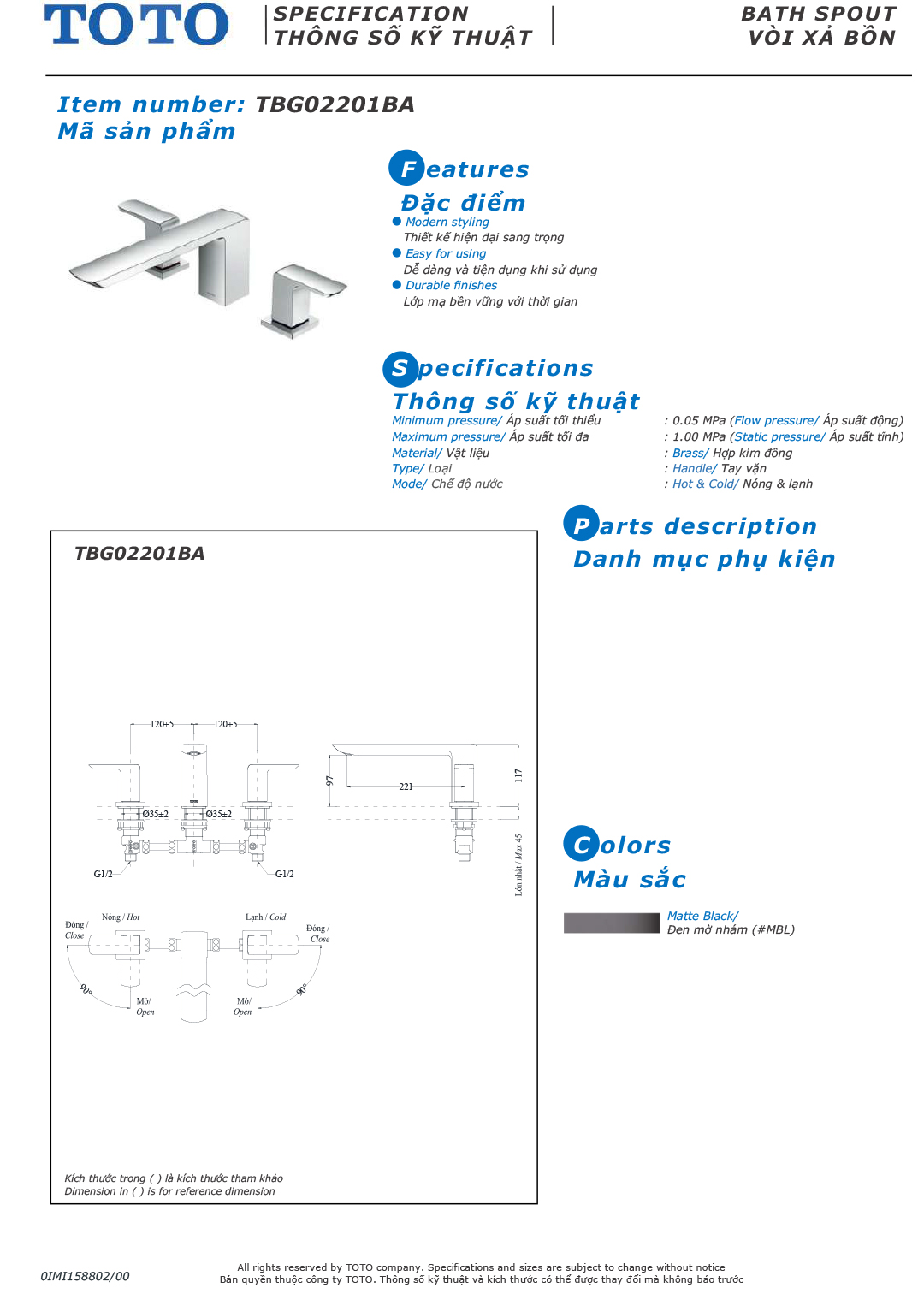 ban ve thong so voi sen nong lanh gan bon tam TOTO TBG02201BA ban ve thong so voi sen nong lanh gan bon tam TOTO TBG02201BA