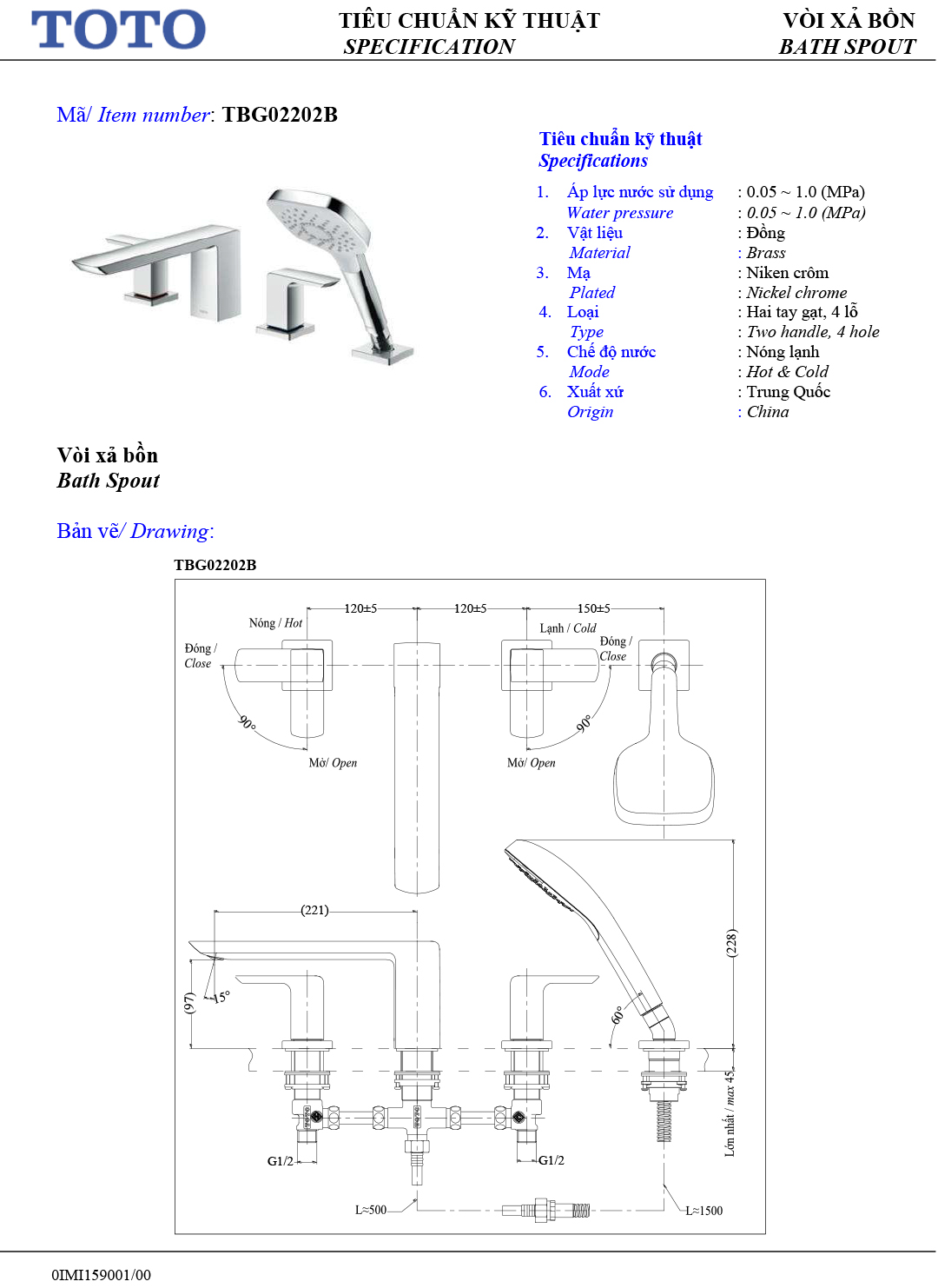 ban ve thong so voi sen nong lanh gan bon tam TOTO TBG02202B ban ve thong so voi sen nong lanh gan bon tam TOTO TBG02202B