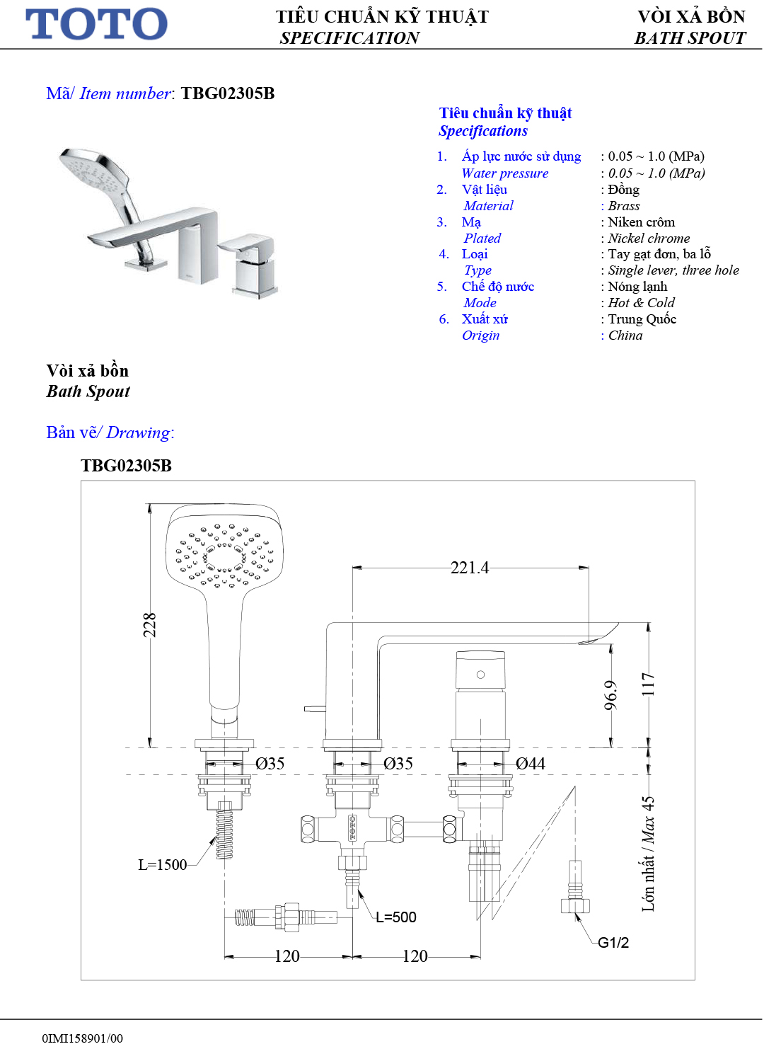 ban ve thong so voi sen nong lanh gan bon tam TOTO TBG02305B ban ve thong so voi sen nong lanh gan bon tam TOTO TBG02305B