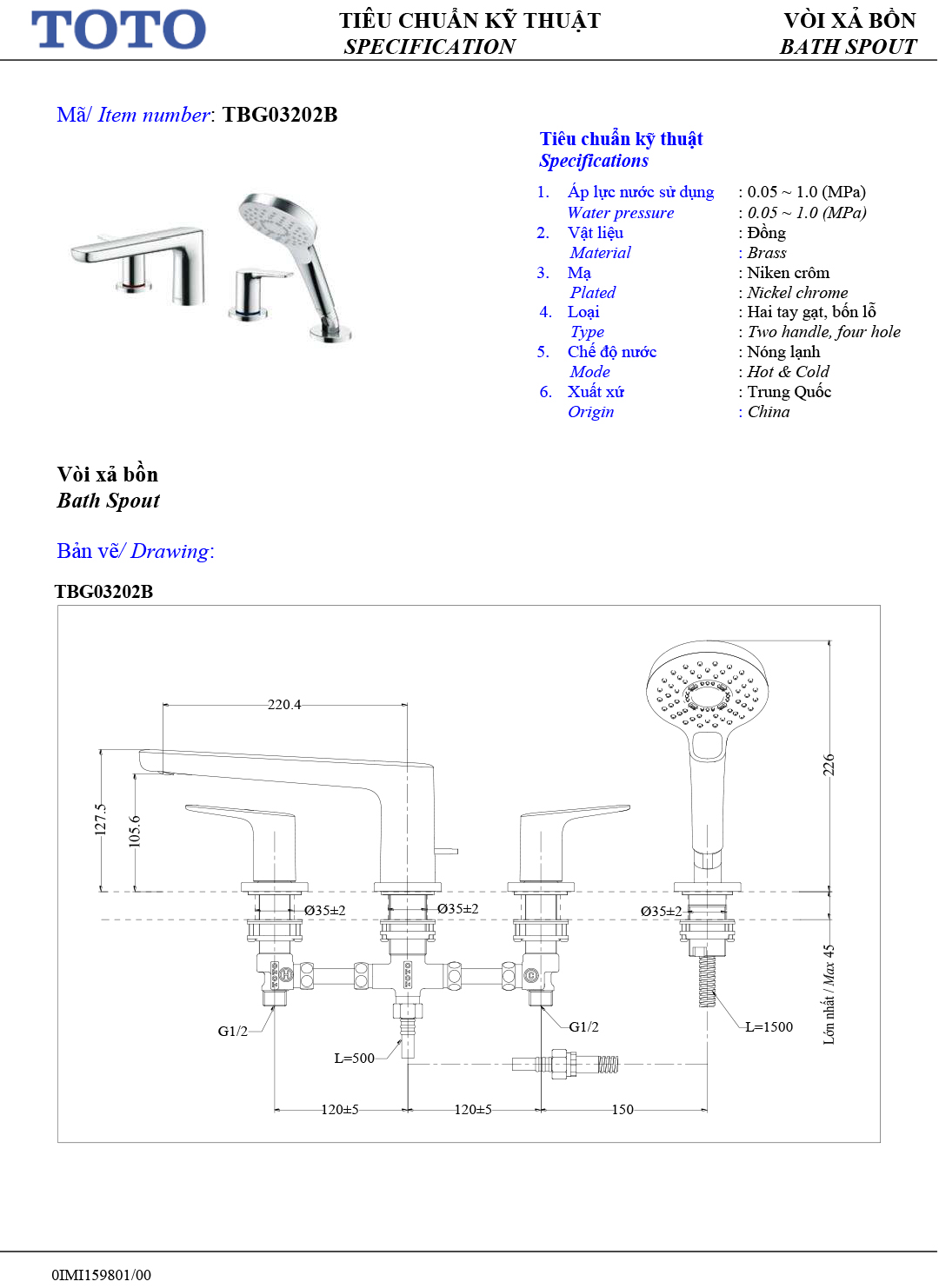ban ve thong so voi sen nong lanh gan bon tam TOTO TBG03202B ban ve thong so voi sen nong lanh gan bon tam TOTO TBG03202B