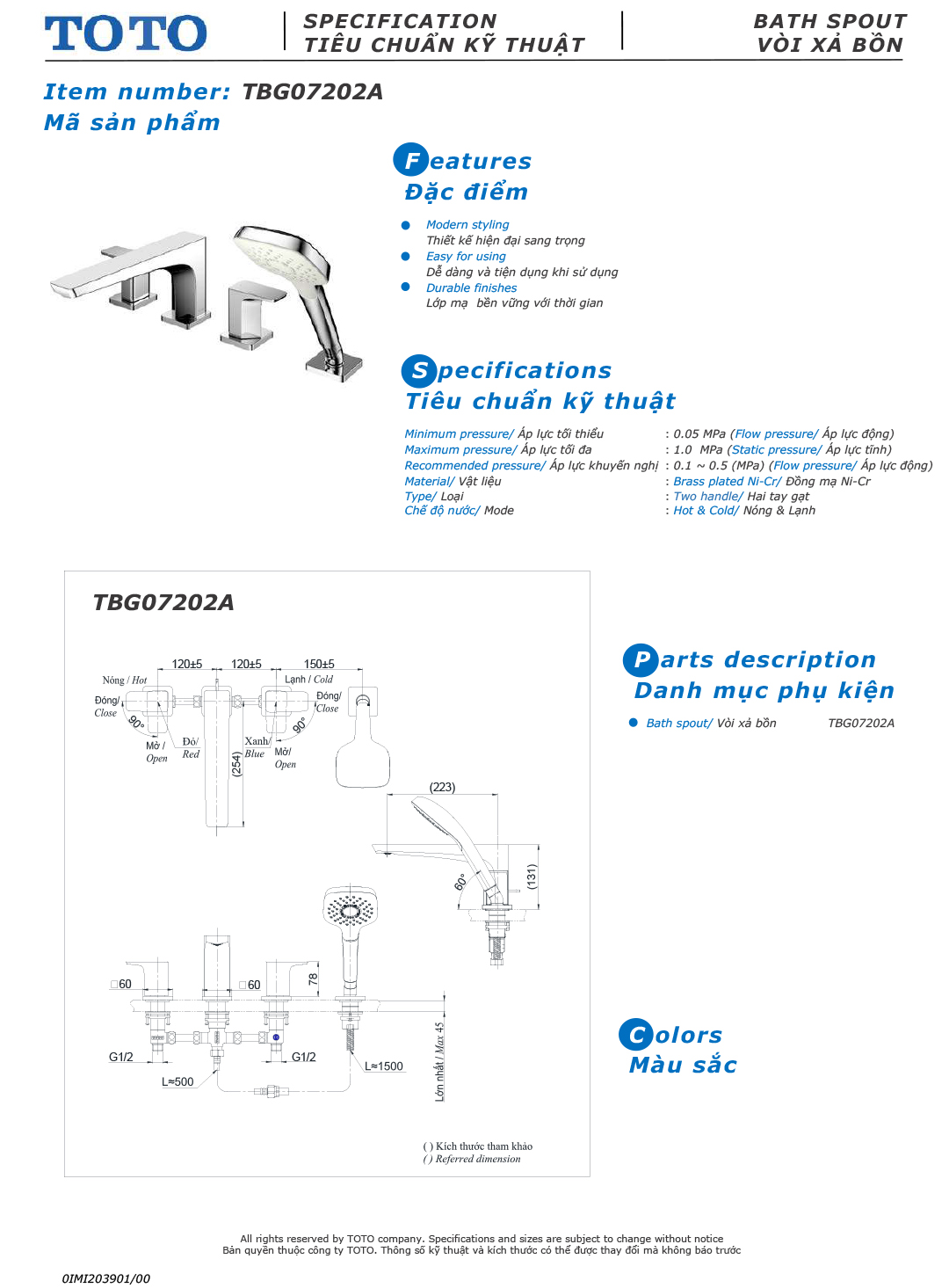 ban ve thong so voi sen nong lanh gan bon tam TOTO TBG07202A ban ve thong so voi sen nong lanh gan bon tam TOTO TBG07202A