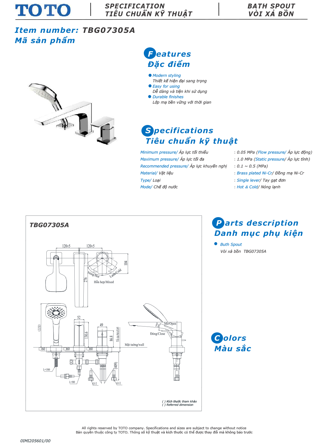 ban ve thong so voi sen nong lanh gan bon tam TOTO TBG07305A ban ve thong so voi sen nong lanh gan bon tam TOTO TBG07305A