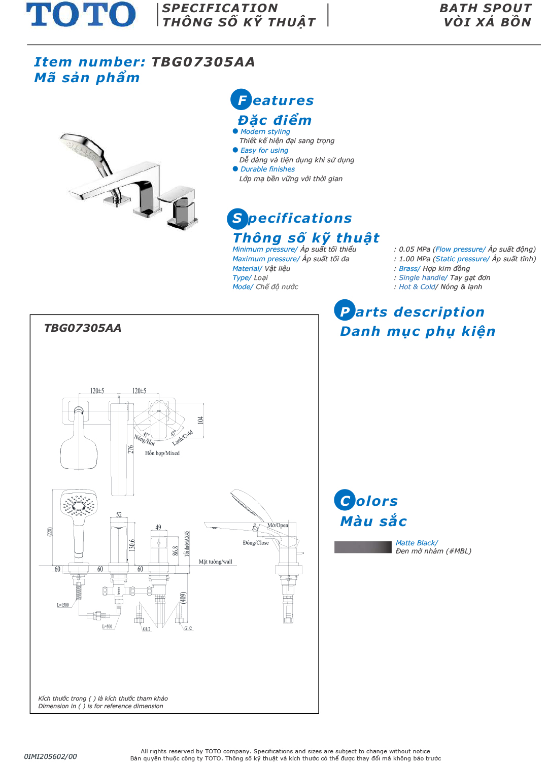 ban ve thong so voi sen nong lanh gan bon tam TOTO TBG07305AA ban ve thong so voi sen nong lanh gan bon tam TOTO TBG07305AA