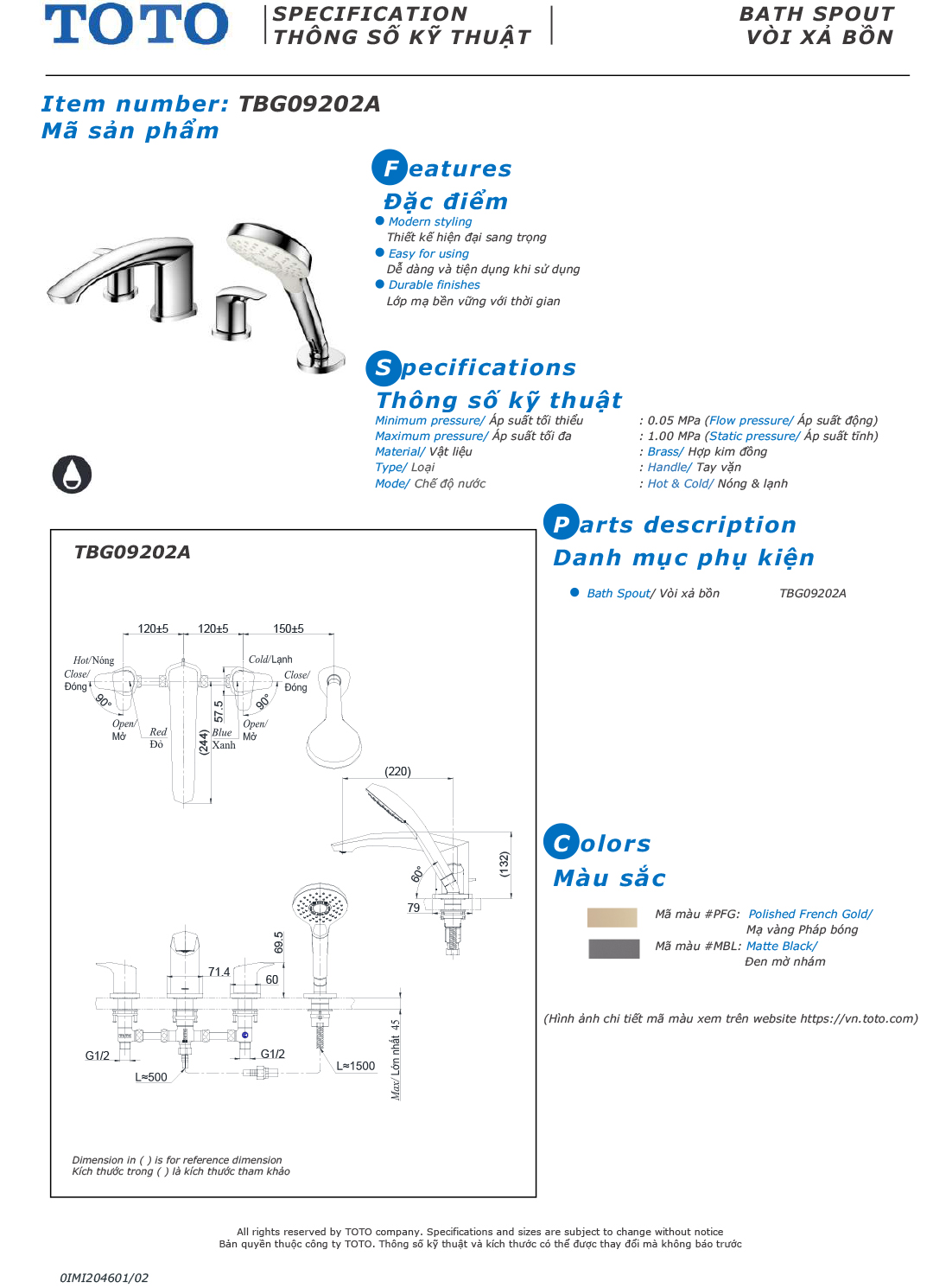 ban ve thong so voi sen nong lanh gan bon tam TOTO TBG08201B ban ve thong so voi sen nong lanh gan bon tam TOTO TBG08201B