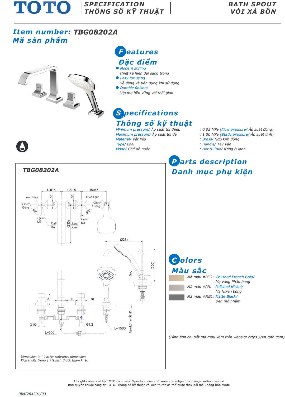 ban ve thong so voi sen nong lanh gan bon tam TOTO TBG08202A ban ve thong so voi sen nong lanh gan bon tam TOTO TBG08202A